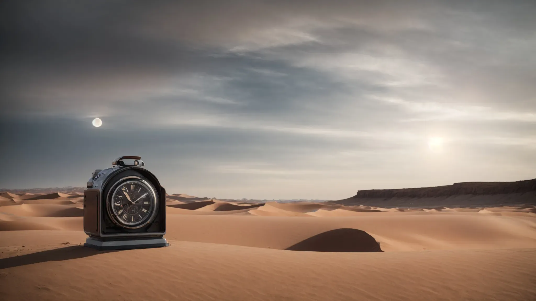 a lone clock melts over an endless desert landscape, under a sky where multiple moons loom large.