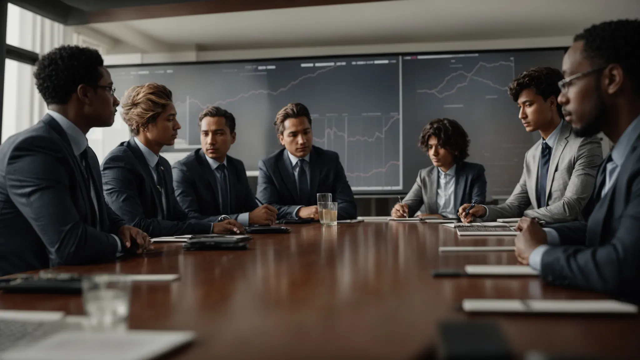 a team of professionals gathered around a conference table, analyzing charts and graphs displayed on a large screen.