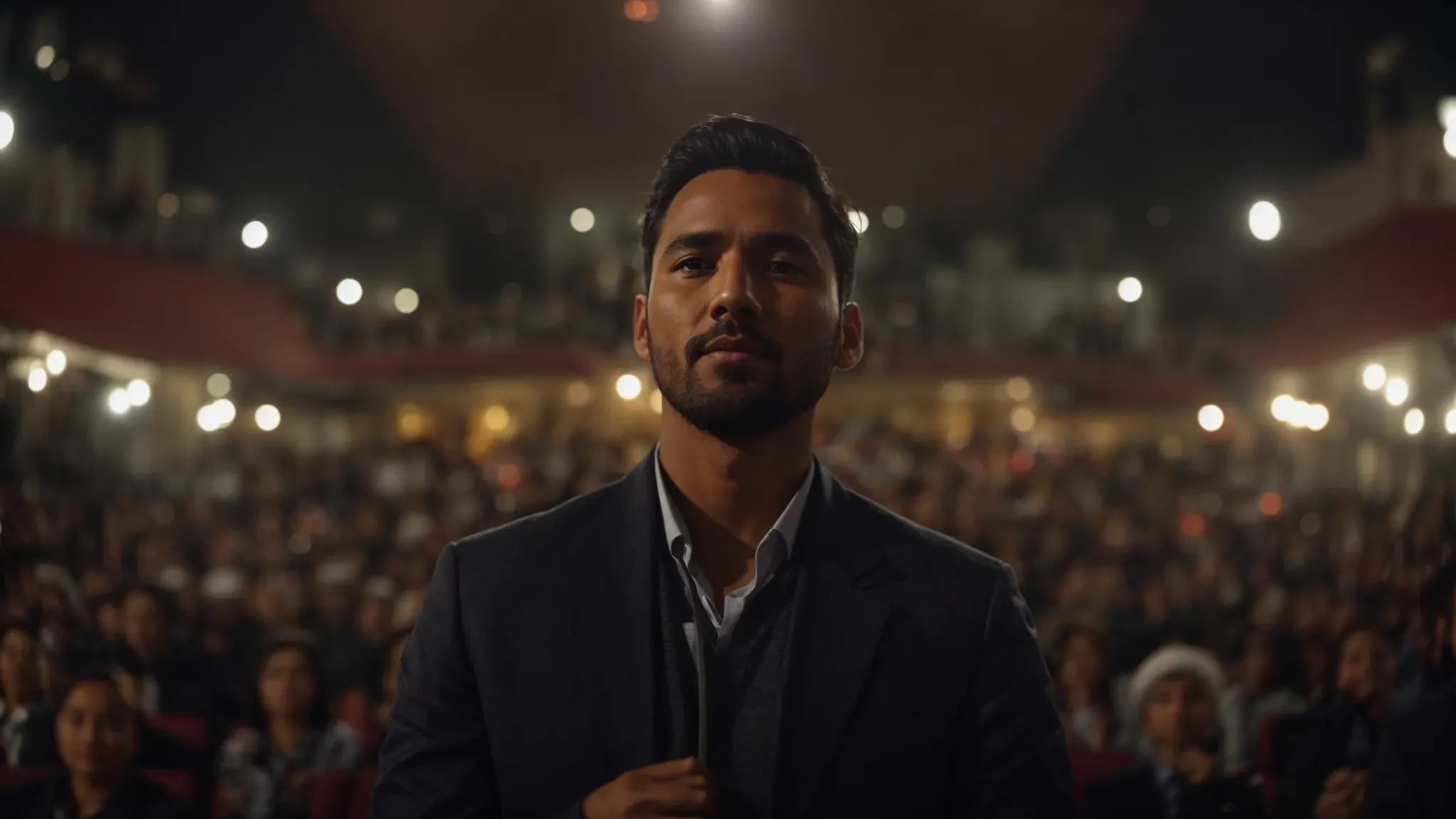 a director standing at a film festival with a captivated audience in the background.