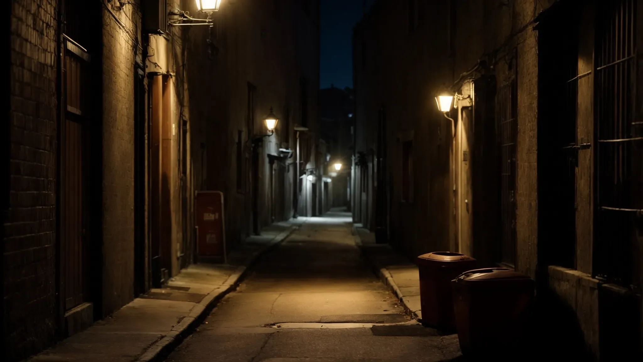 a shadowy alleyway illuminated only by the faint glow of a single streetlight, creating a scene ripe with tension and mystery.