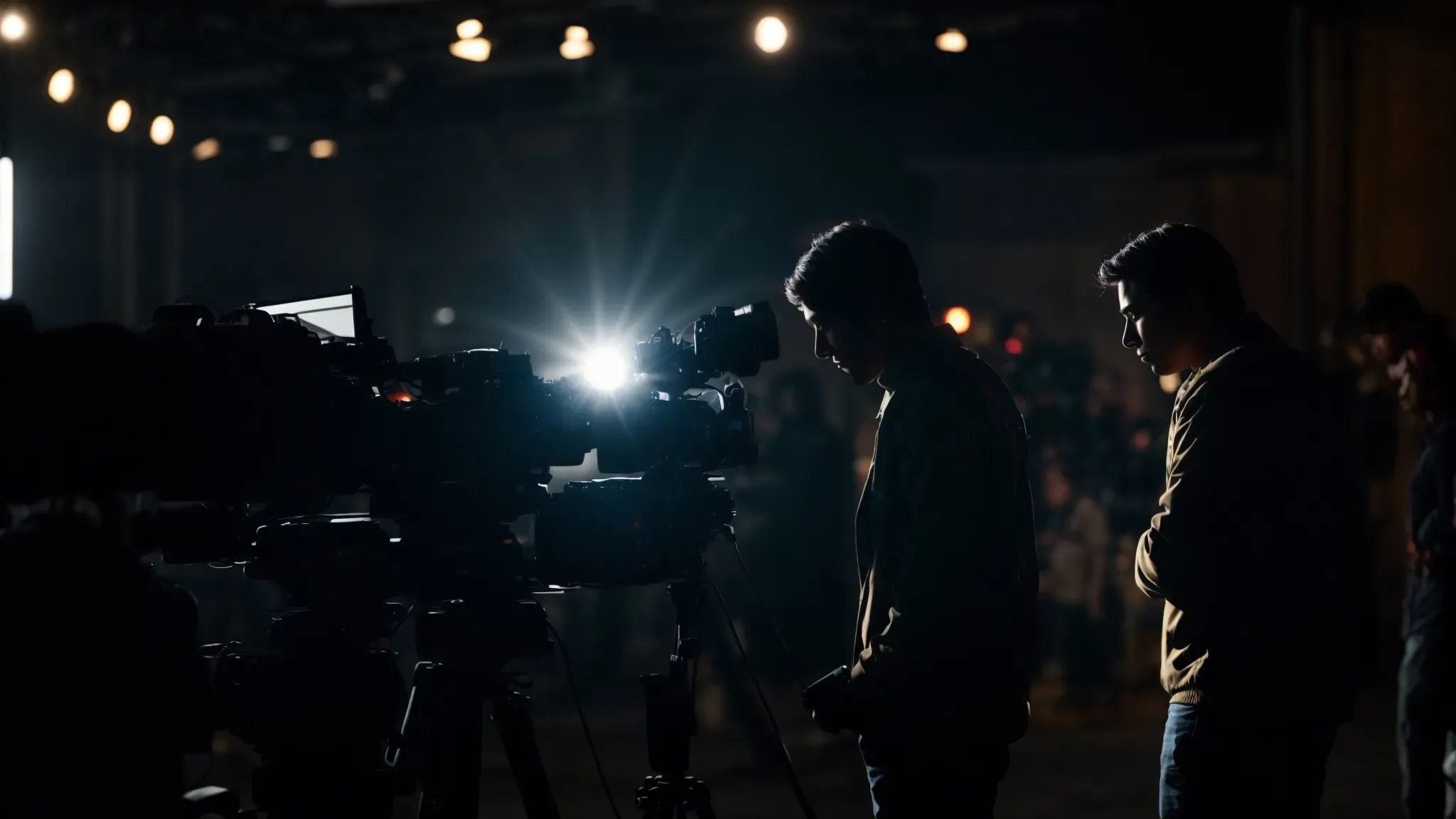a silhouetted figure scrutinizes a camera's viewfinder on a bustling film set against a backdrop of lighting equipment and crew.