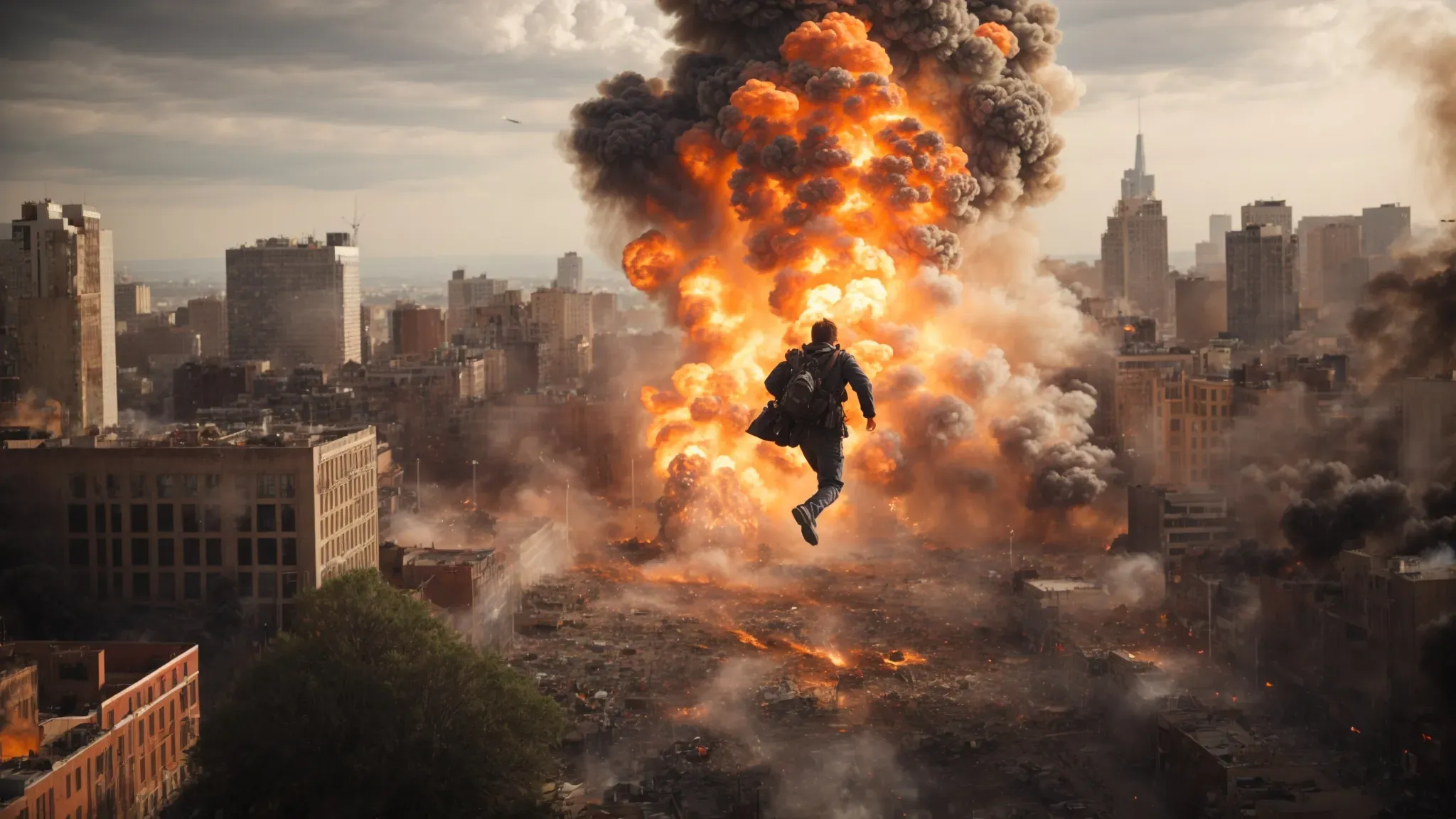 a massive explosion engulfs a cityscape as a hero leaps away from the fiery chaos.