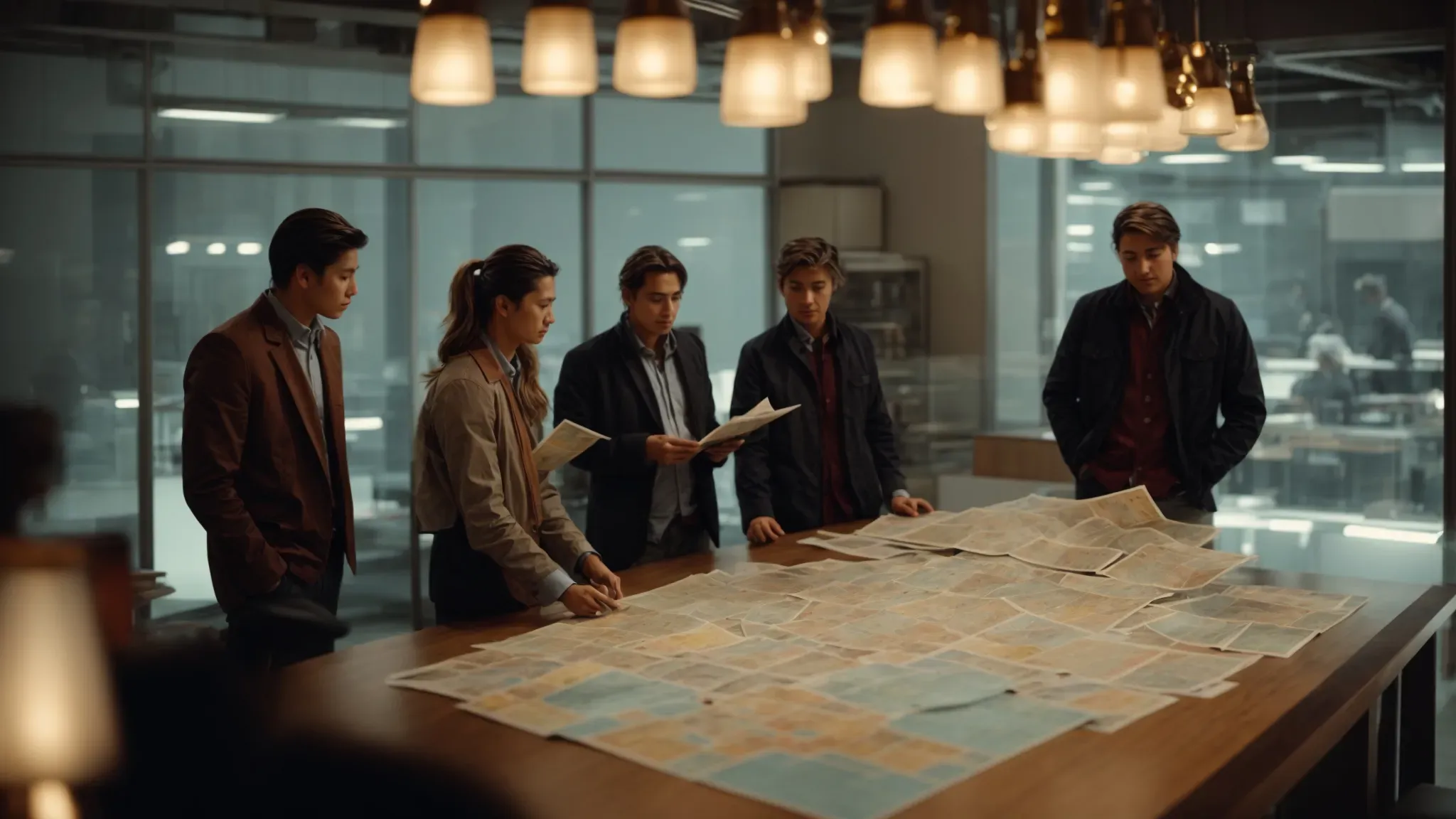 a group of people stands around a large table covered with maps, schedules, and plans, deep in discussion under the soft glow of overhead lights.