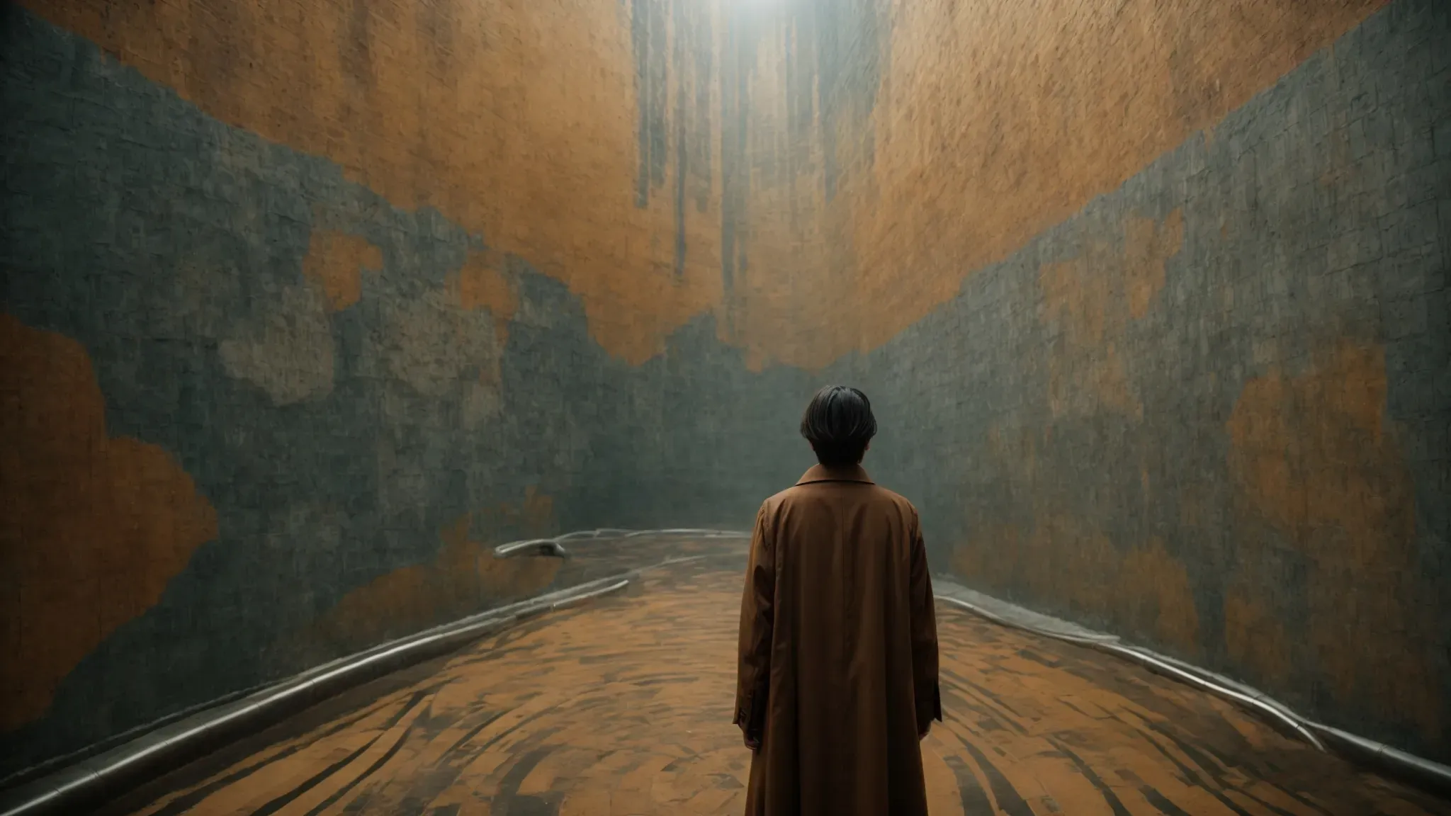 a character examines a complex, cryptic mural that hints at the movie's intertwining temporal themes.