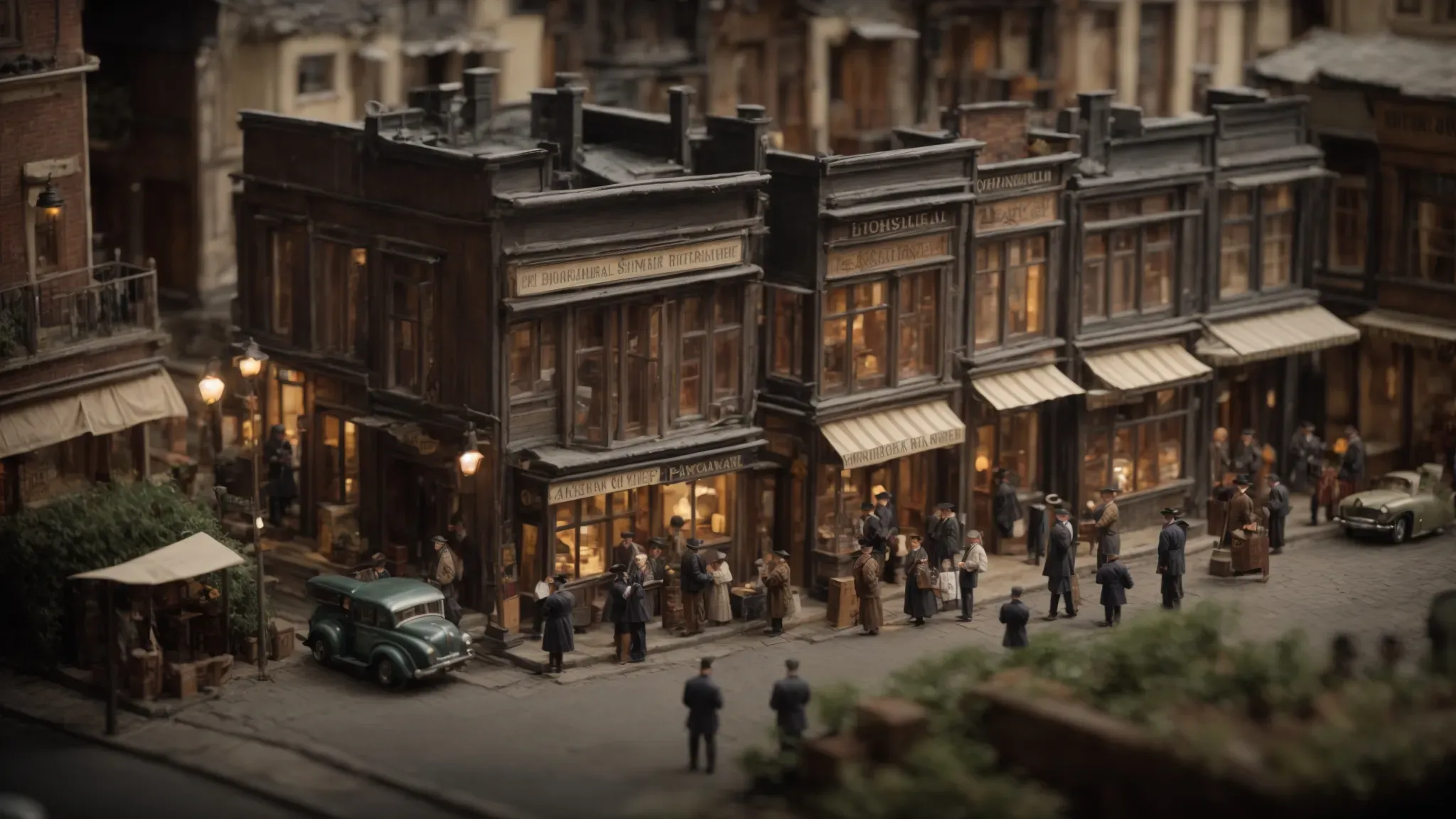 a bustling film set with designers and crew working around a detailed miniature model of a vintage street, capturing the essence of a bygone era.