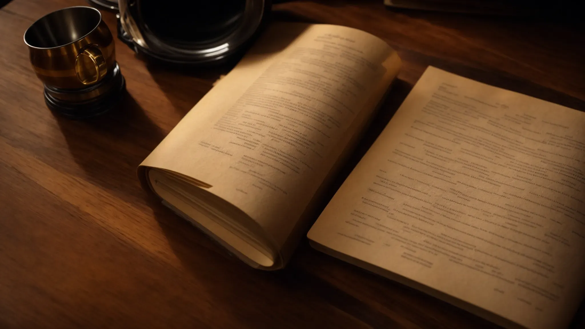 a thick screenplay sits on a well-worn wooden table, surrounded by dim lighting, embodying the gritty essence of courtroom drama.