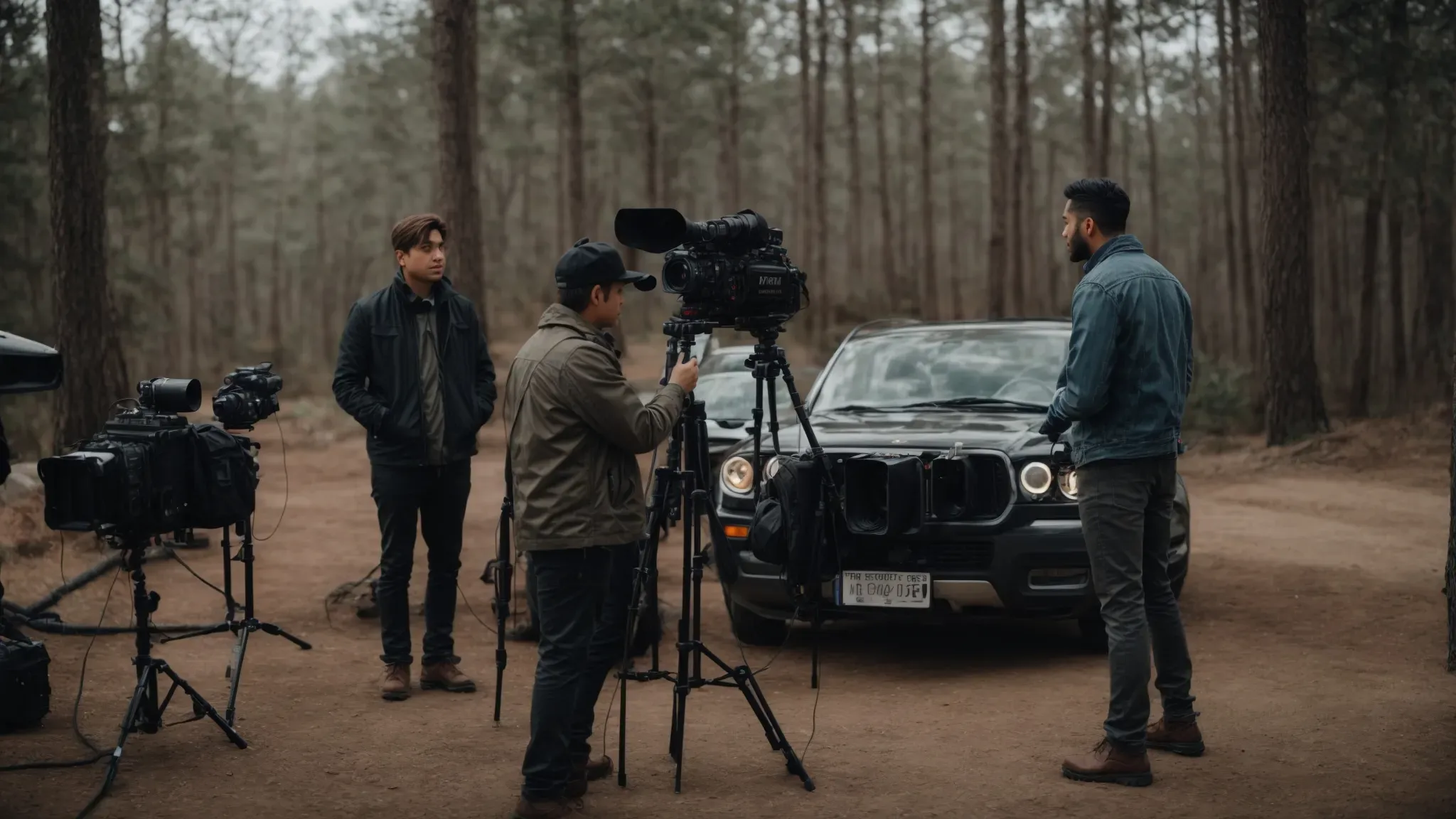 a music artist and a director discussing plans on a film set with professional camera equipment in the background.