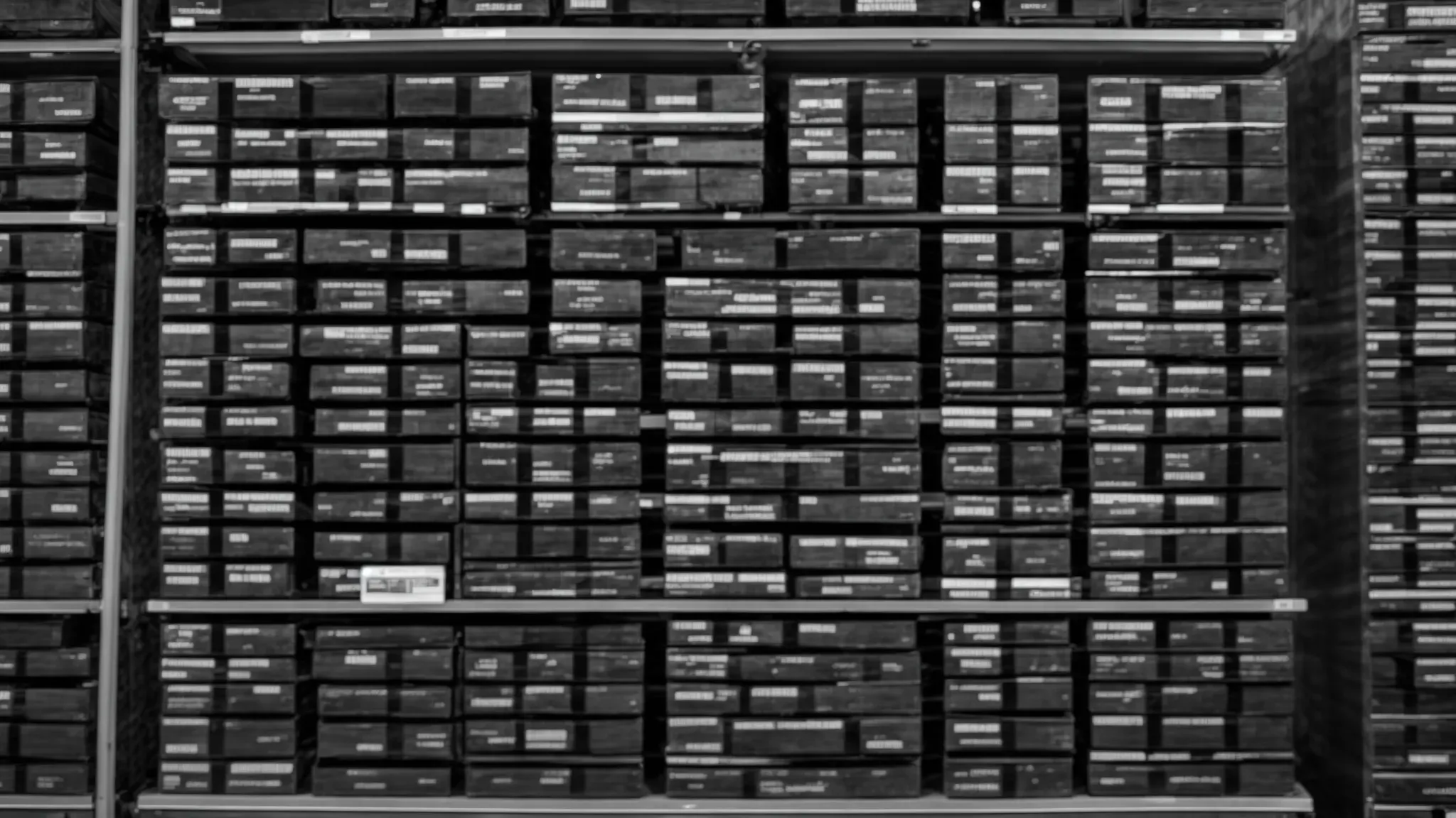 rows of clapperboards displayed on shelves in a film equipment store.