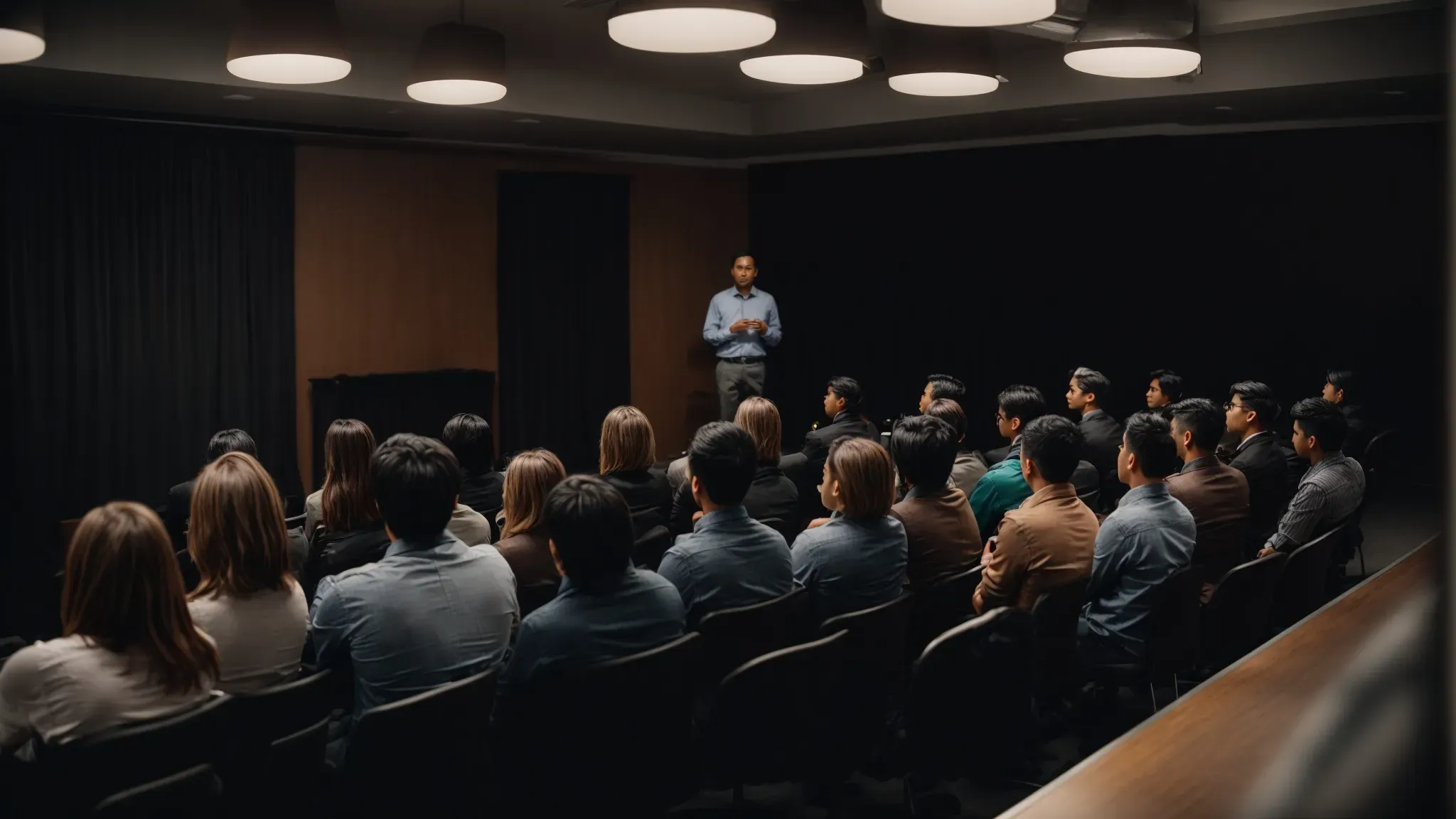 a filmmaker presents to an engaged audience in a pitch meeting.