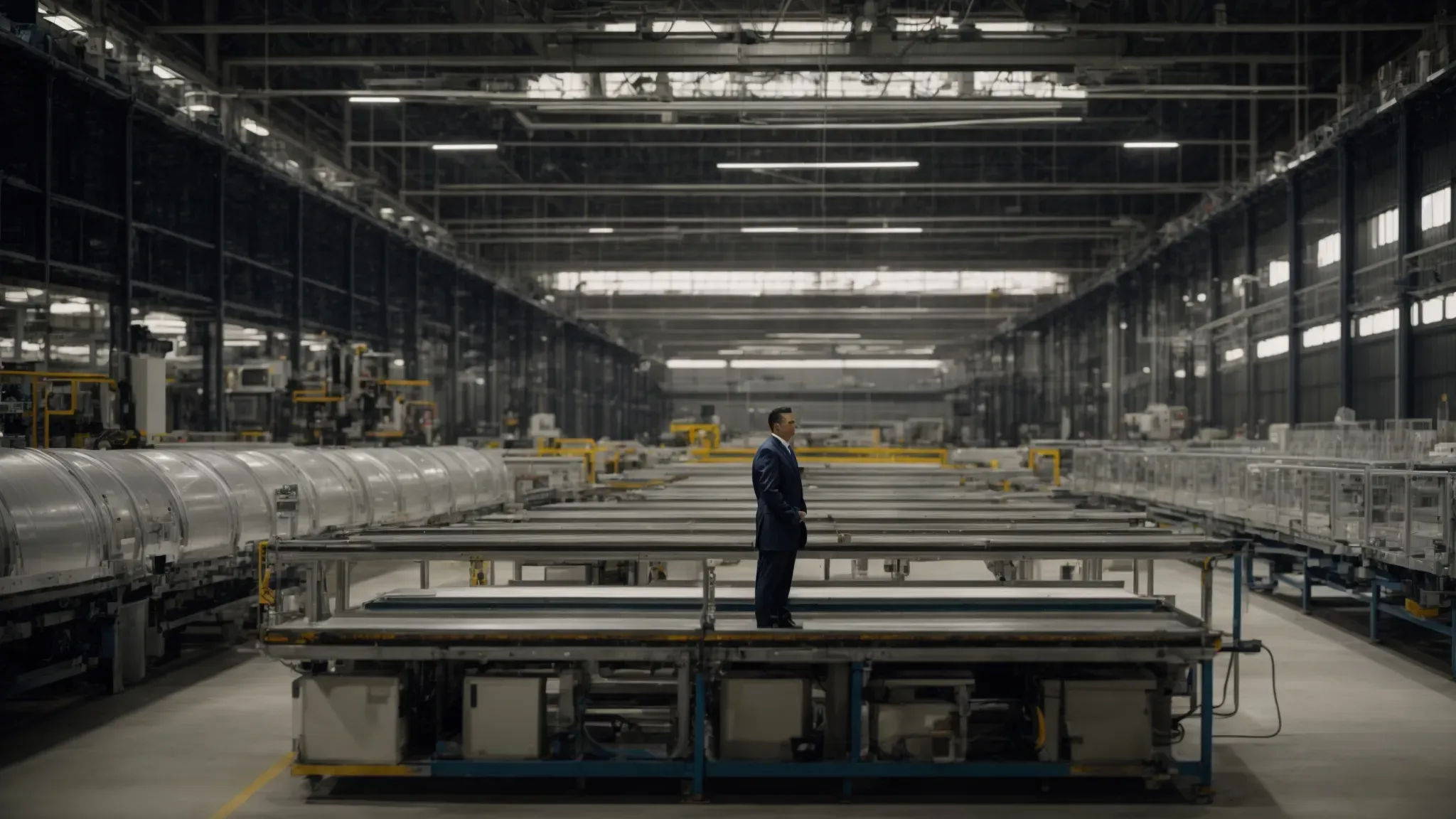 a poised individual stands before a large, intricate factory floor, observing the seamless operation and coordination.