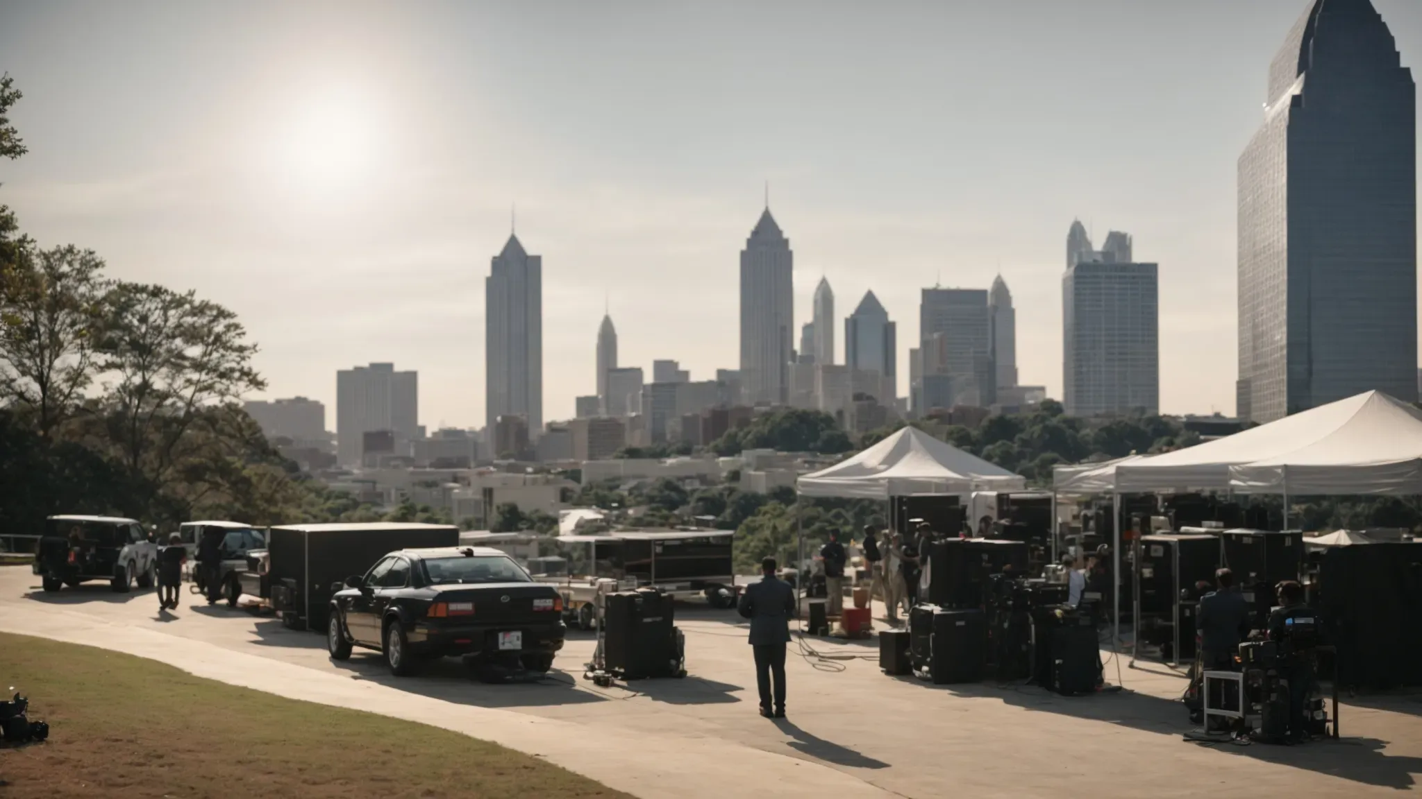 a broad, sunlit skyline view of atlanta, dotted with film production crews actively setting up on different locations.