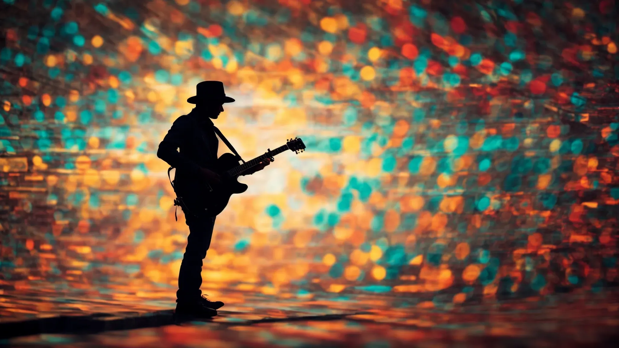 a vibrant silhouette of a musician immersed in playing guitar, with colorful music notes swirling around, against a backdrop of a retro film strip.