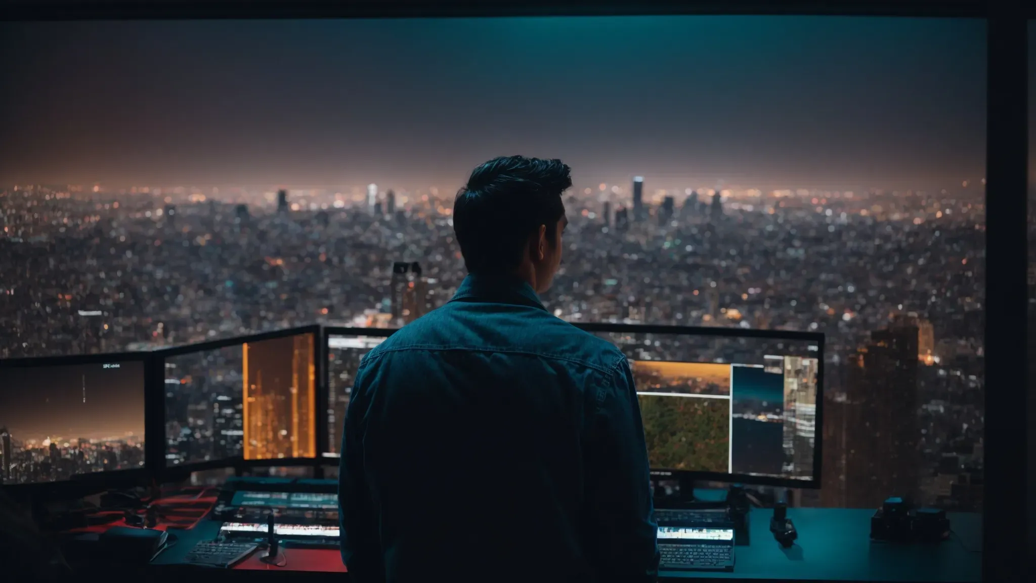 a filmmaker gazes intently at a vast 8k monitor, displaying a vibrant, ultra-detailed cityscape.