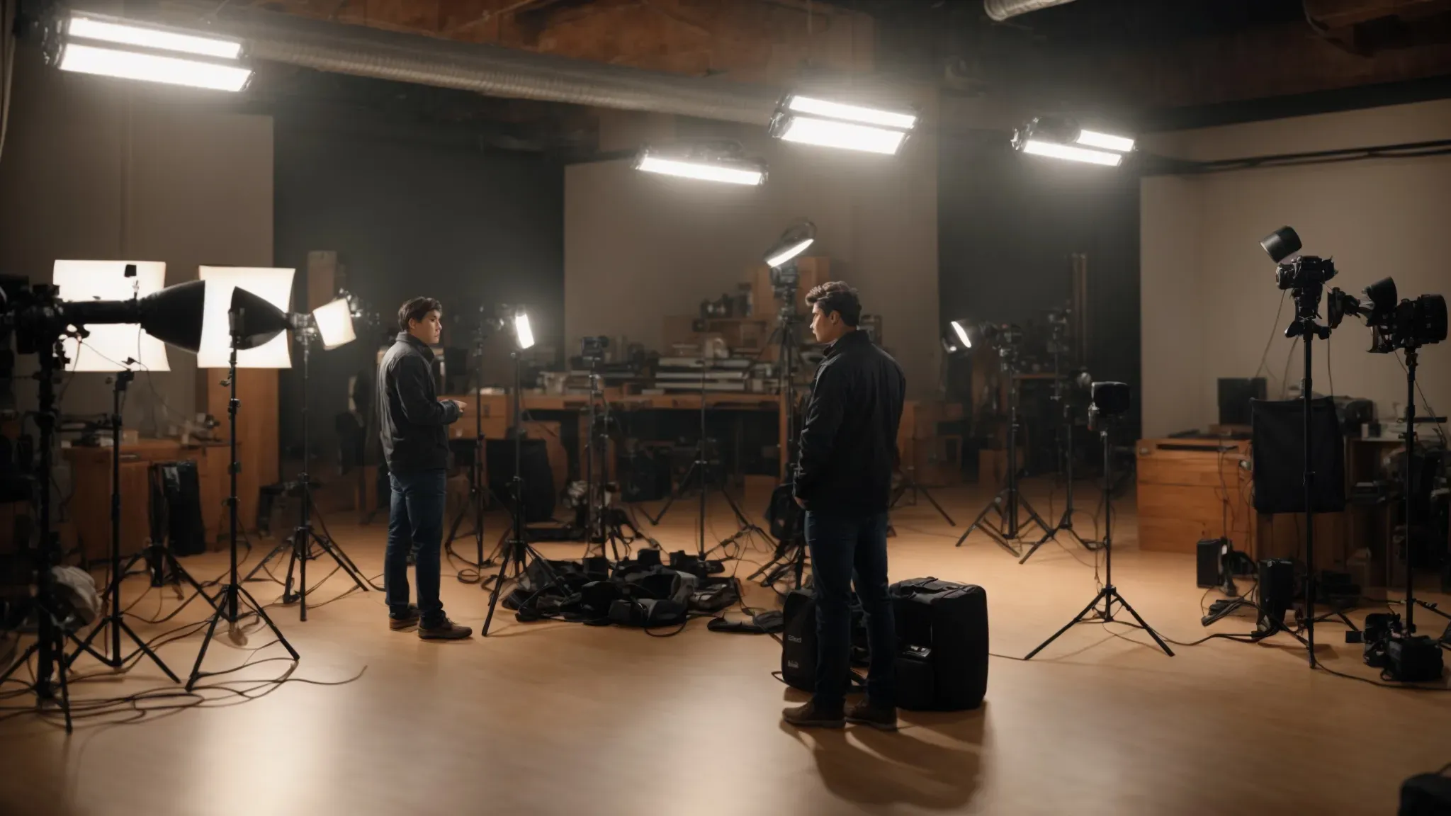 a filmmaker thoughtfully compares various lighting kits in a spacious, well-lit studio.