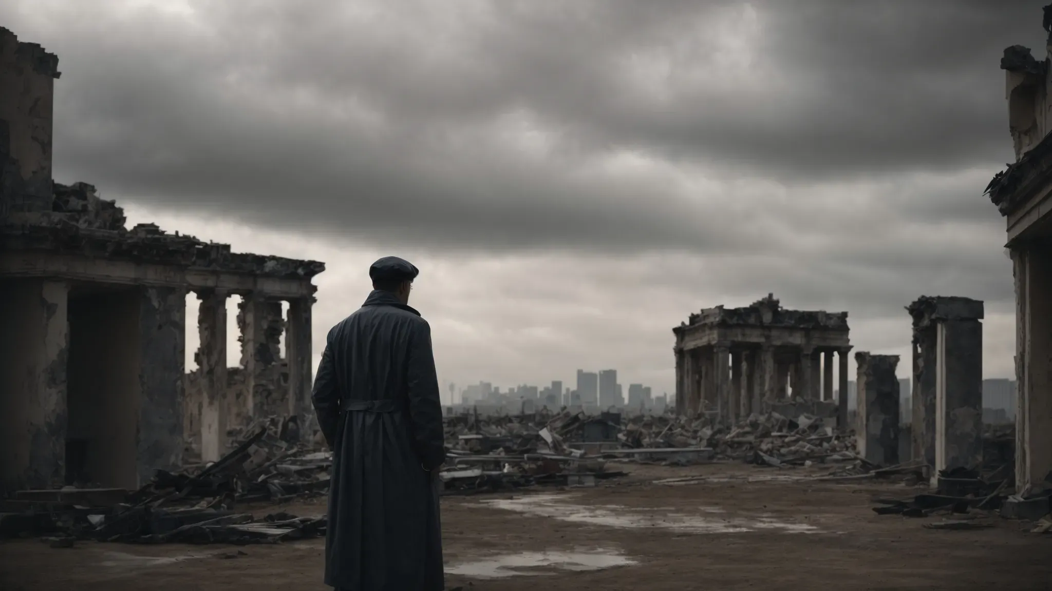 a desolate cityscape under a cloudy sky, with a lone figure standing amidst the ruins, gazing towards the horizon.