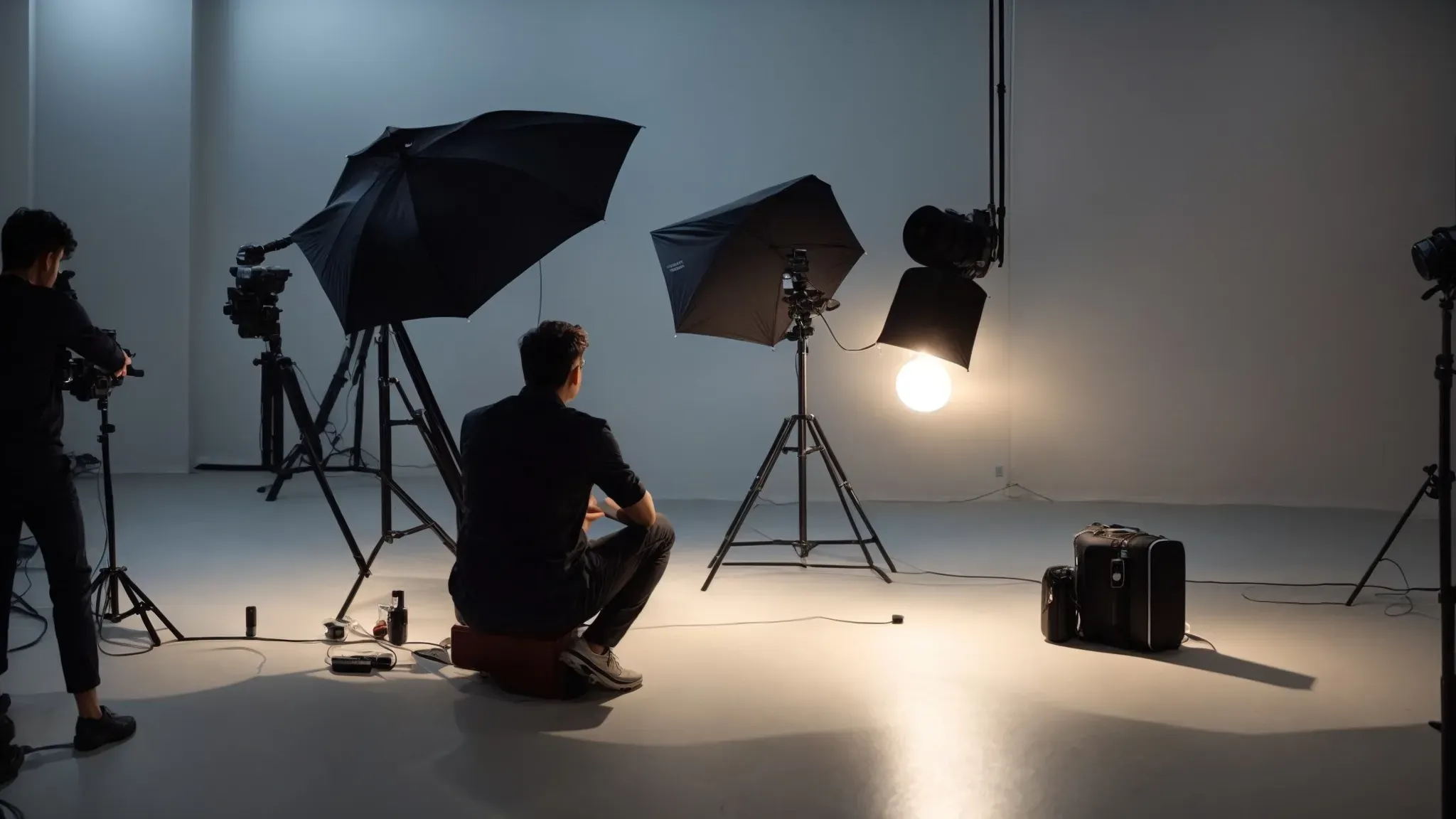 a director sits casually on a minimalist set, preparing a scene with a single spotlight illuminating an up-and-coming artist.