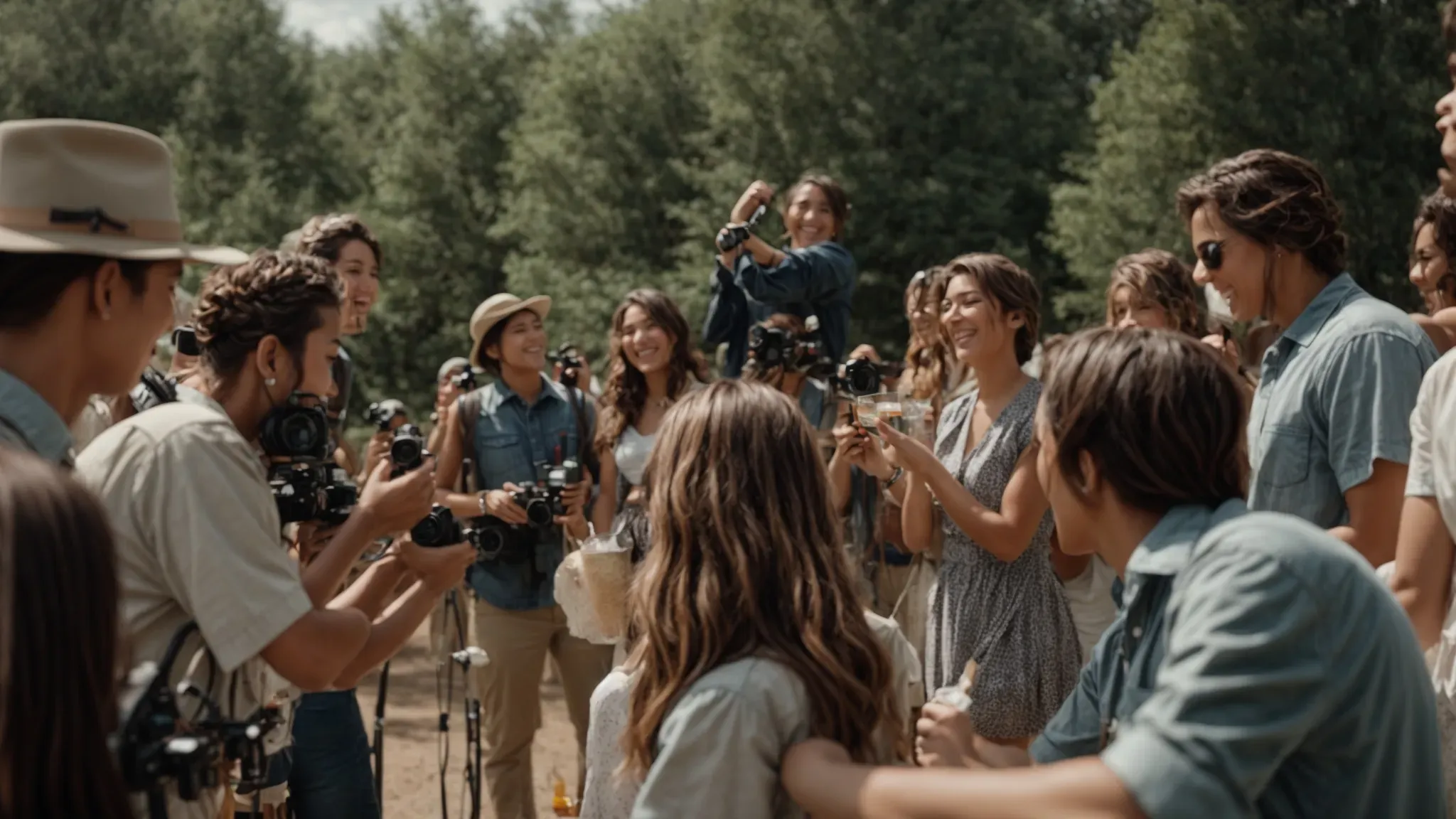 a film crew sharing a group cheer during a break on a sunny movie set.