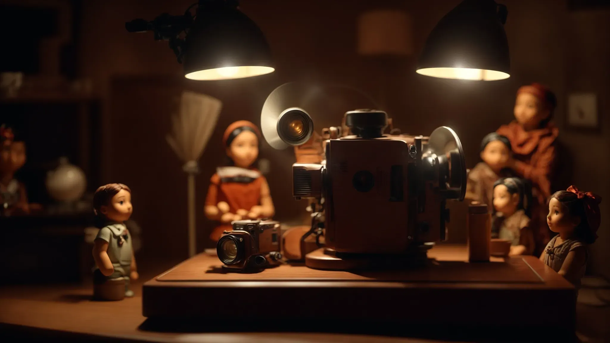 a vintage projector casts a flickering light on a screen showing iconic clay figures posed in a whimsical setting, embodying the magic of early stop motion classics.