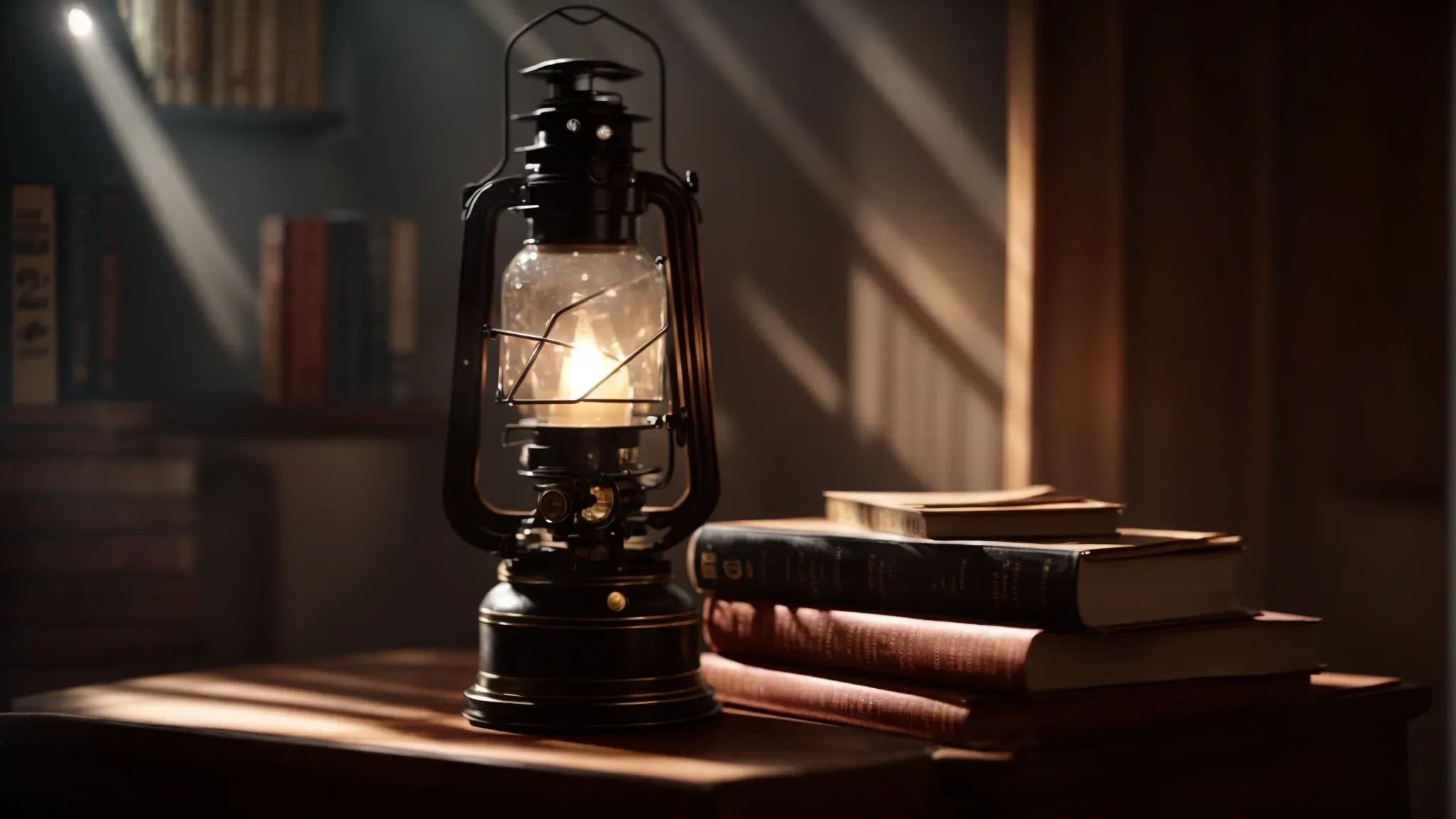 a lantern illuminates a stack of books and a vintage camera on a wooden table, casting shadows that blend the boundaries of reality and fiction.