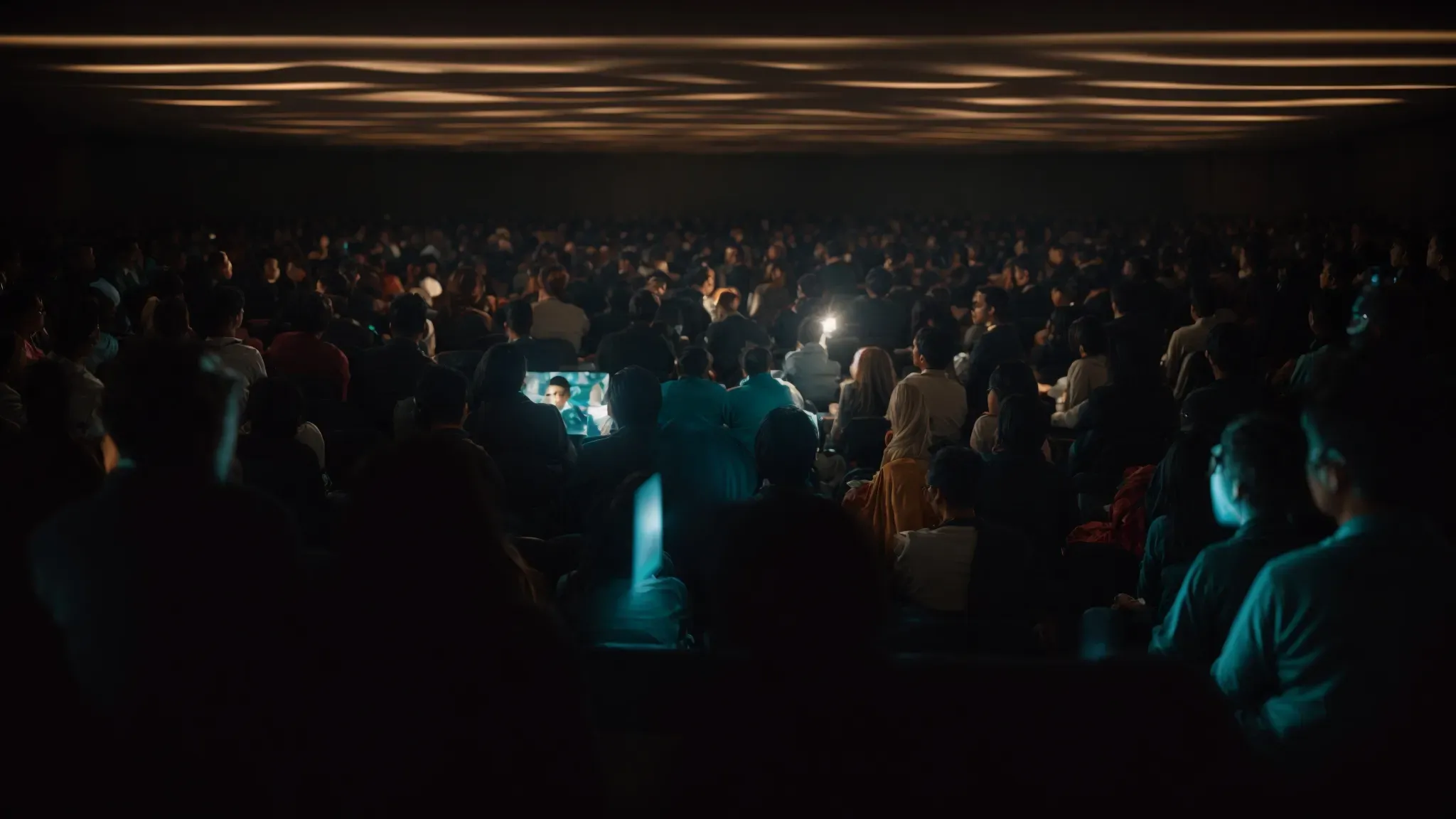 a dimly lit room filled with diverse audiences watching an abstract film projection on a large screen, their faces illuminated by the flickering light.