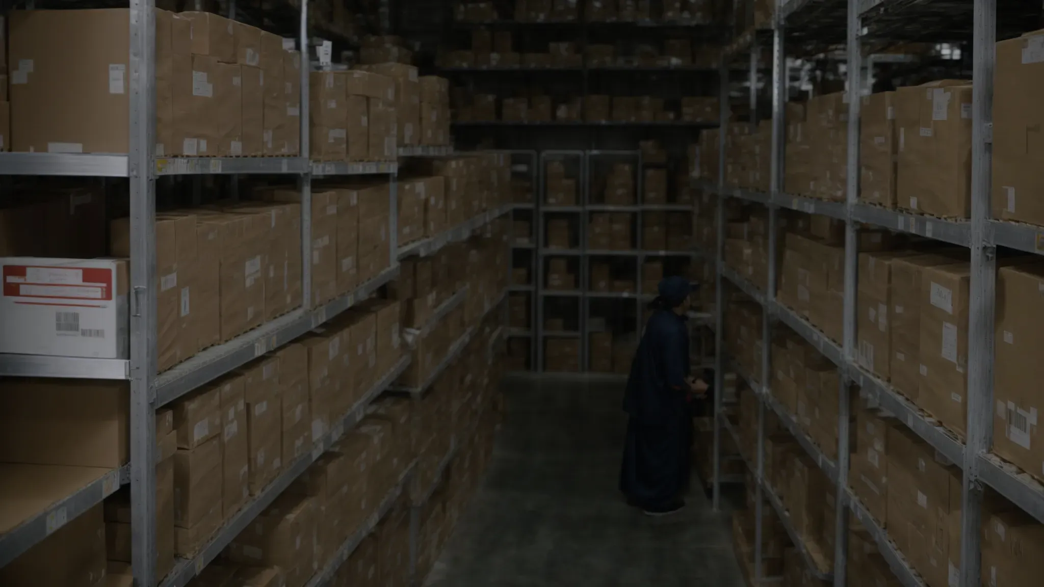 rows of organized shelves in a warehouse with labeled boxes and equipment, overseen by a worker with a scanner.