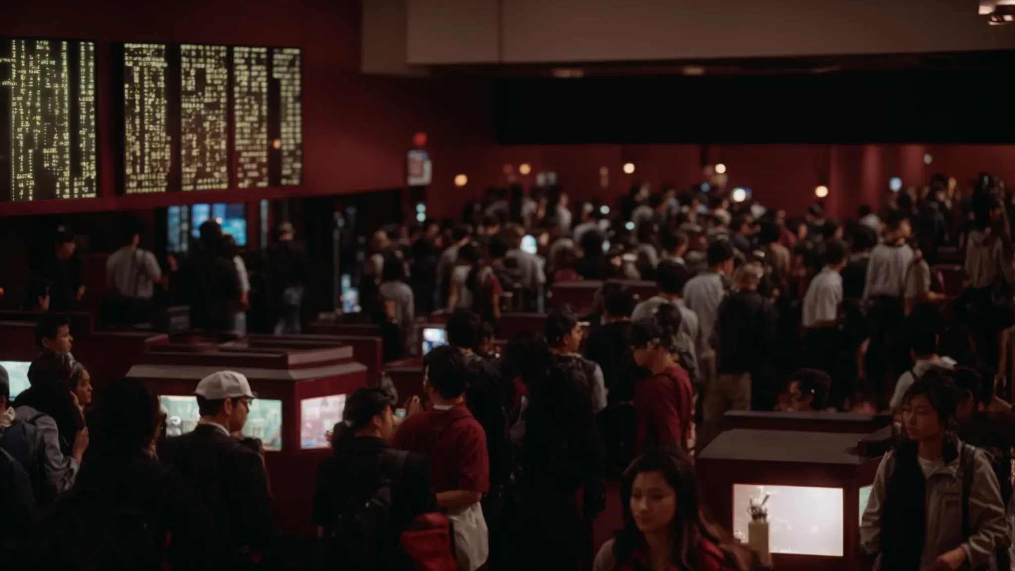 a bustling movie theater lobby, with a large screen displaying glowing box office numbers above eager moviegoers.