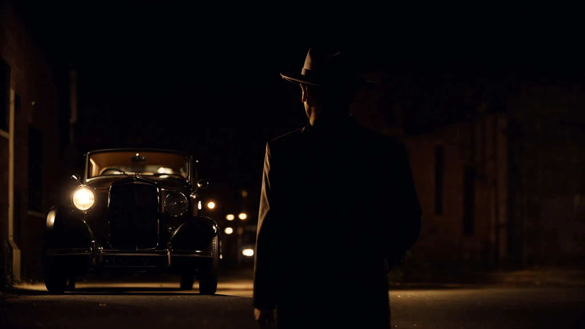 a shadowy figure in a classic fedora stands at the end of an alley, a vintage car parked nearby, under the dim glow of a streetlamp.