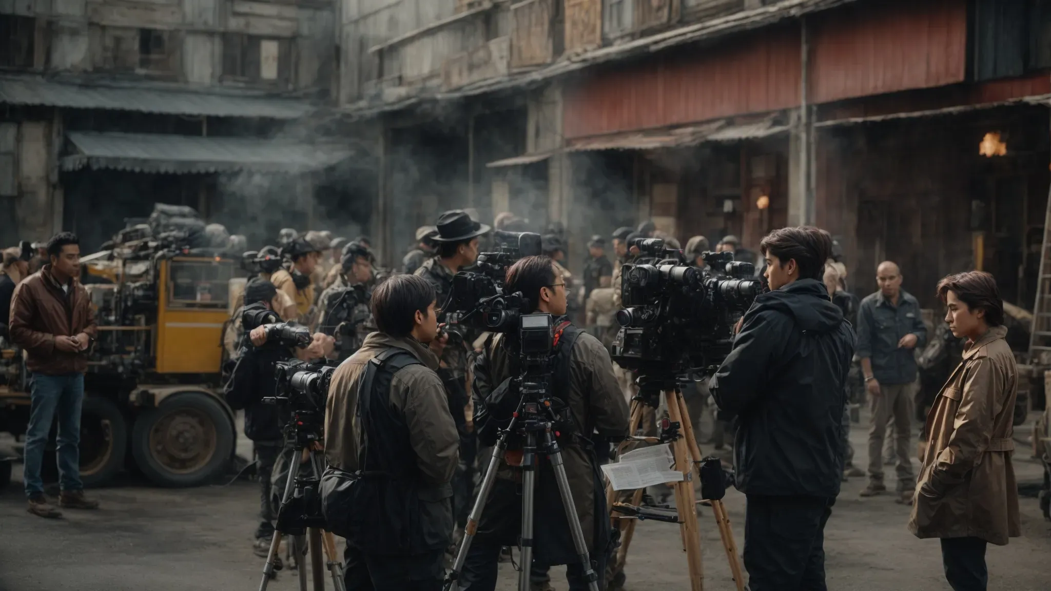 a film director reviews safety protocols with a diverse crew against the backdrop of a bustling foreign film set.
