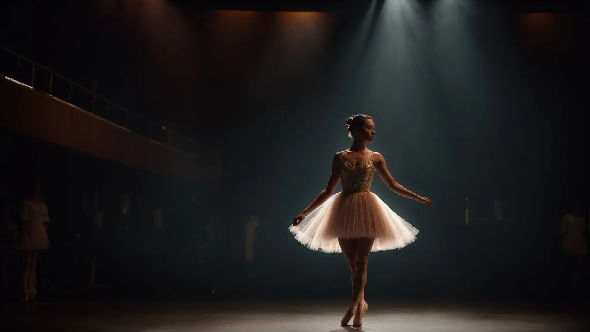 a ballerina stands alone on stage, enshrouded in dramatic lighting, evoking a sense of isolation and impending descent into madness.