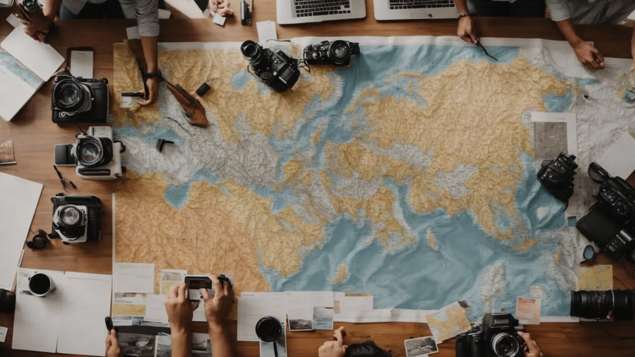 a detailed map is spread out on a table, surrounded by a calendar, a clock, and various filmmaking equipment, with individuals engaged in deep discussion.