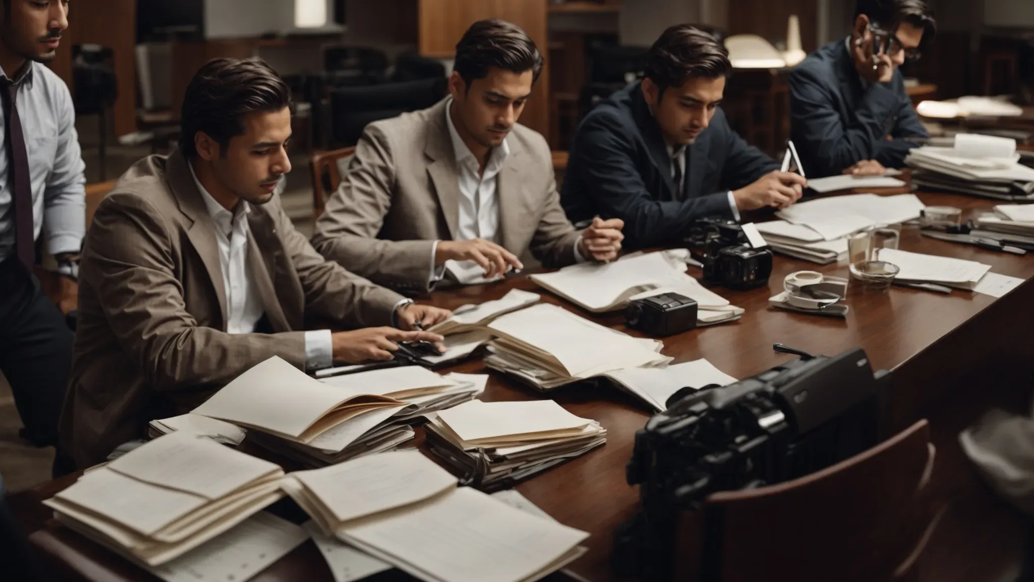 a group of professionals deliberating around a large table, strewn with film scripts and editing equipment.