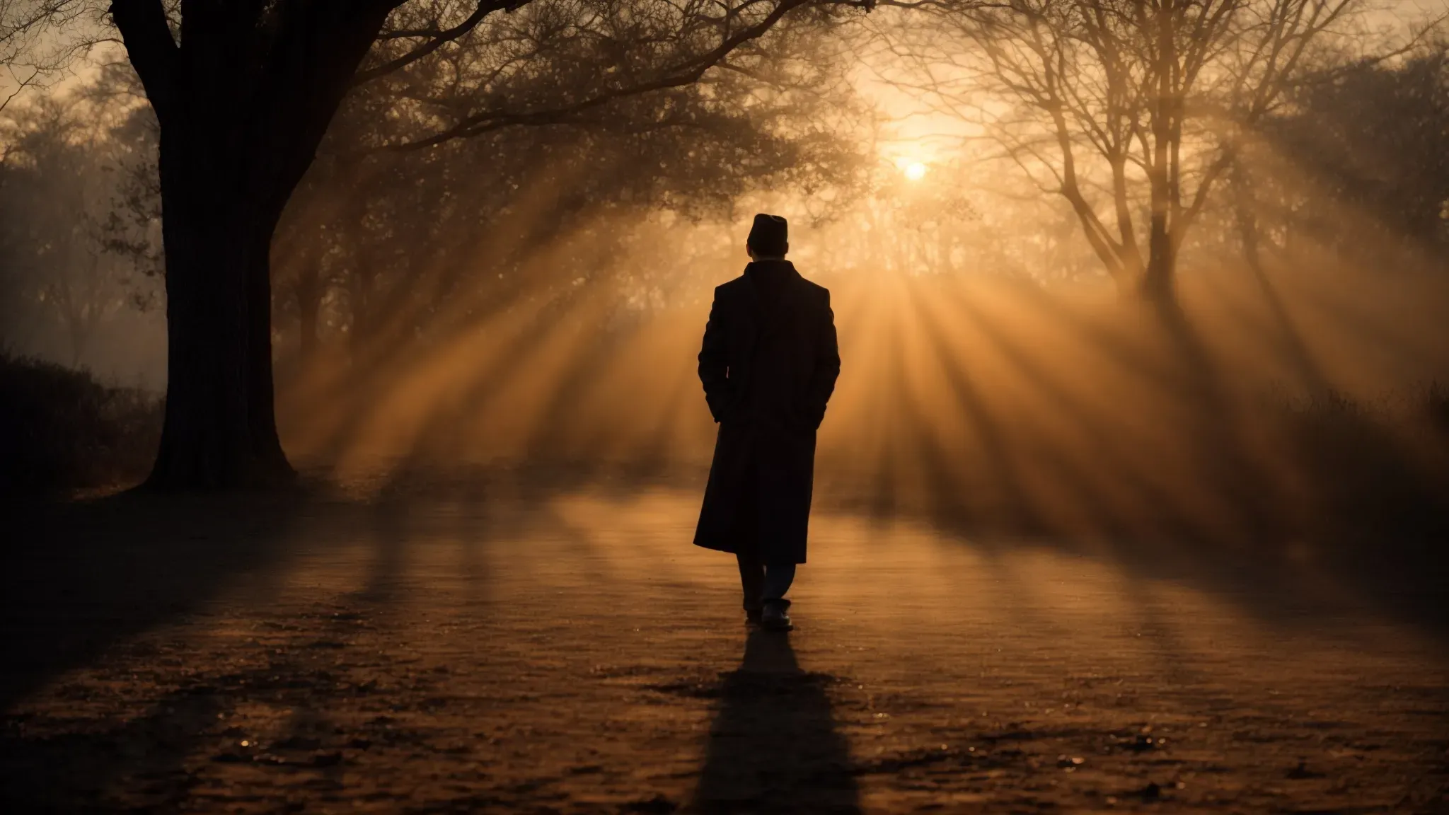 a silhouette of a lone figure stands against the backdrop of a setting sun, casting a long shadow on the ground, encapsulating a moment of ephemeral beauty and profound emotion.