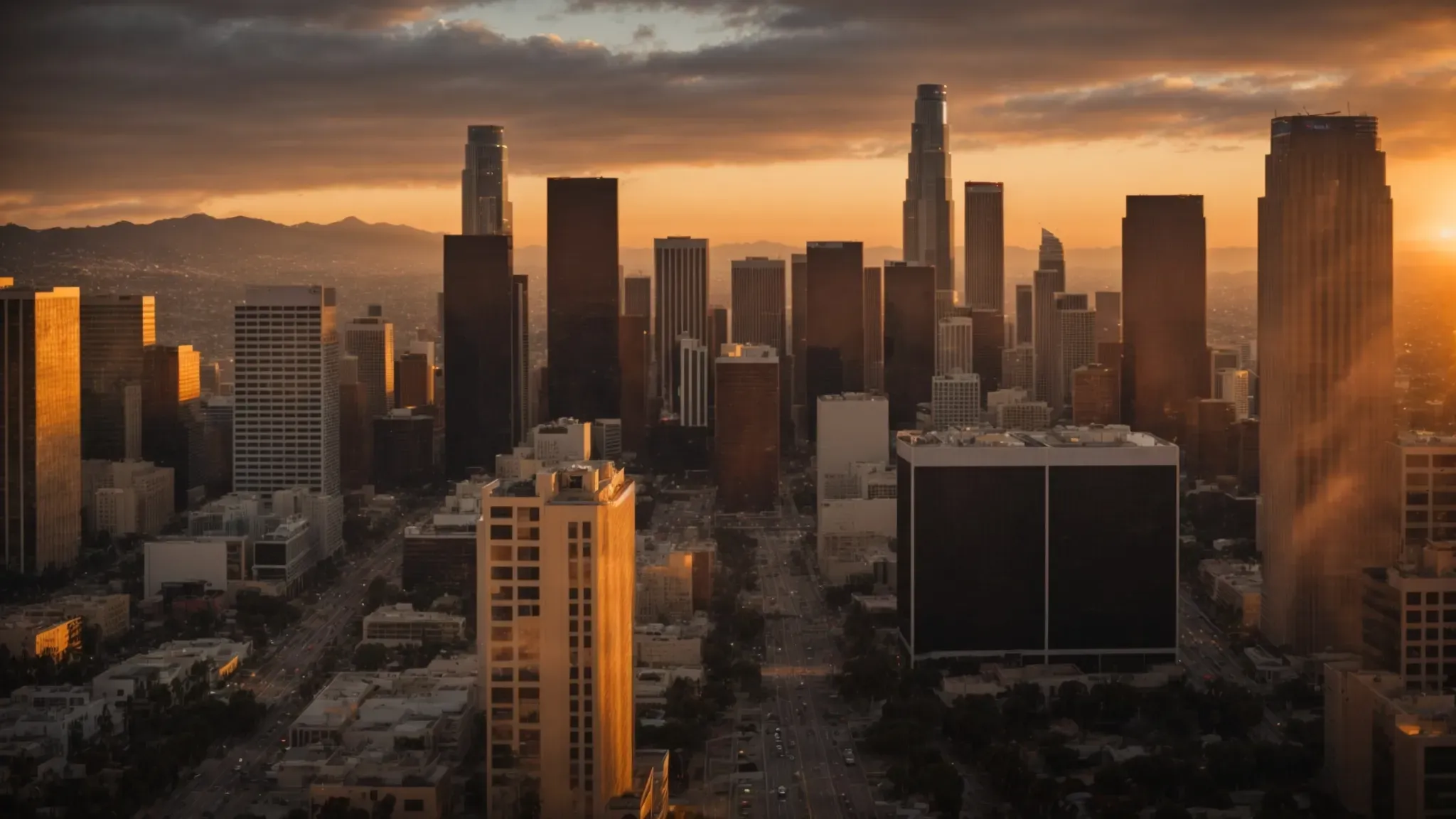 a wide-angle view of los angeles' iconic skyline under the golden hues of sunset, symbolizing the aspiration and dreams of film school applicants.