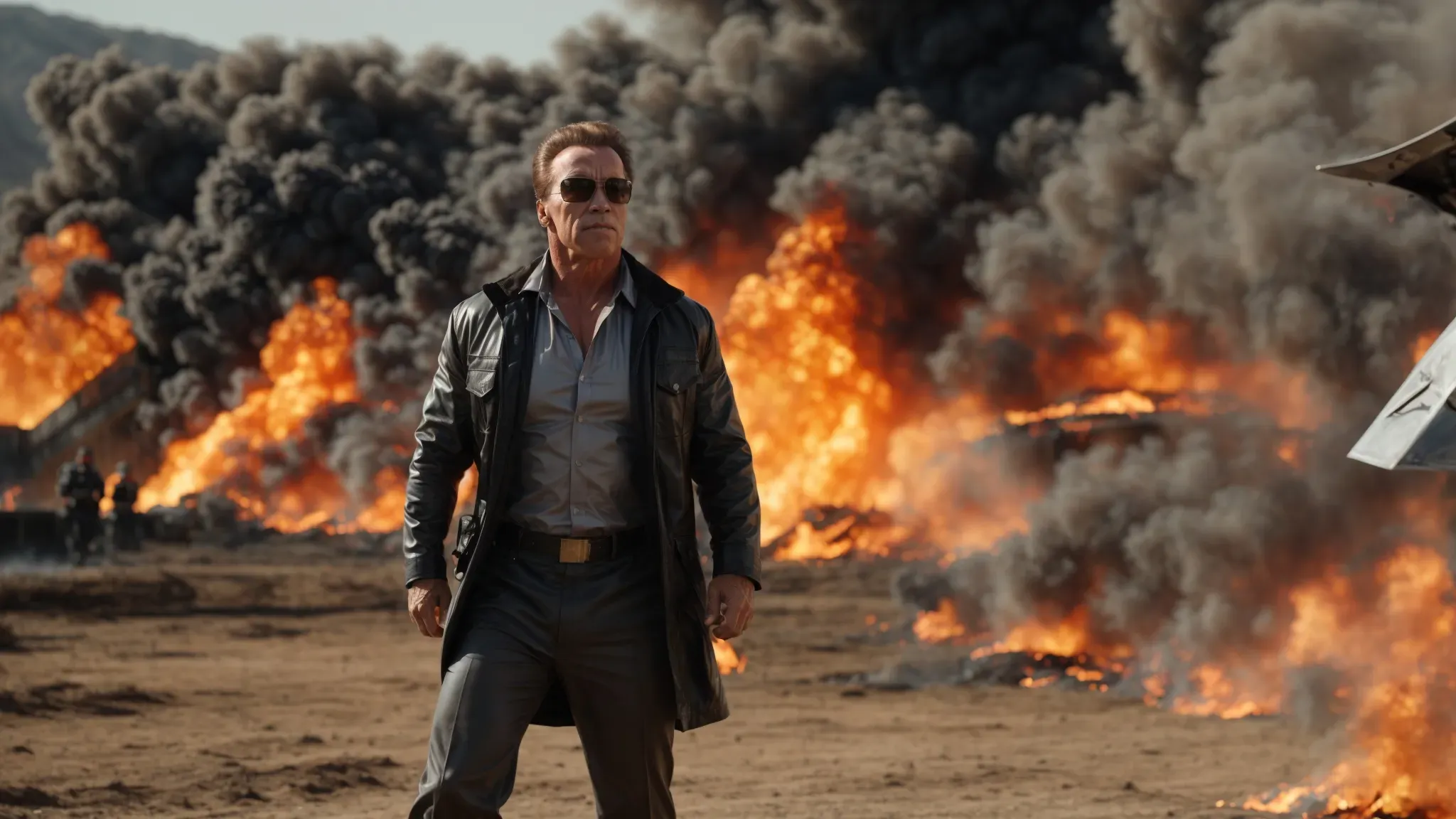 arnold schwarzenegger stands imposingly amidst a scene of fiery explosions, poised in action hero attire.