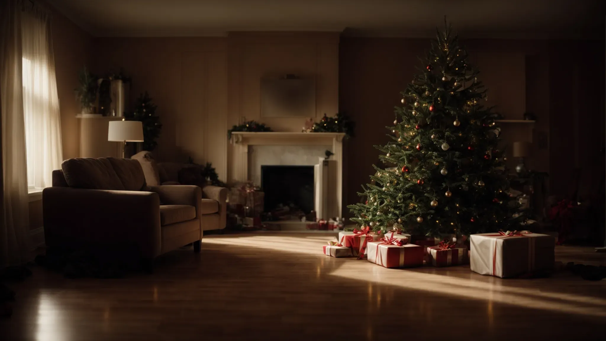 a dimly lit christmas tree casting eerie shadows across unopened gifts in a seemingly abandoned living room.