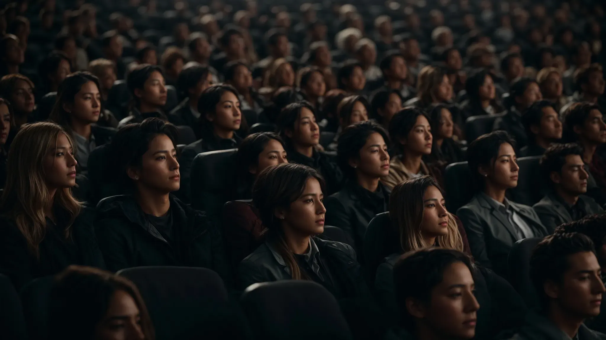 a high-tech movie theater audience, immersed in a visually stunning film projected with groundbreaking high frame rate technology.