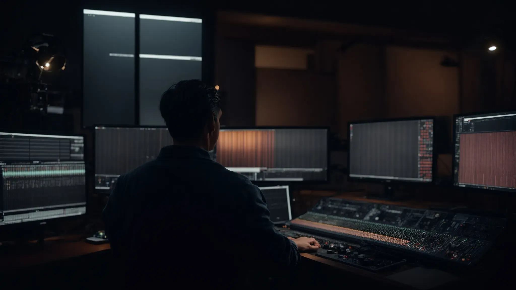 a music video editor intently reviews footage on multiple screens in a dimly-lit studio.