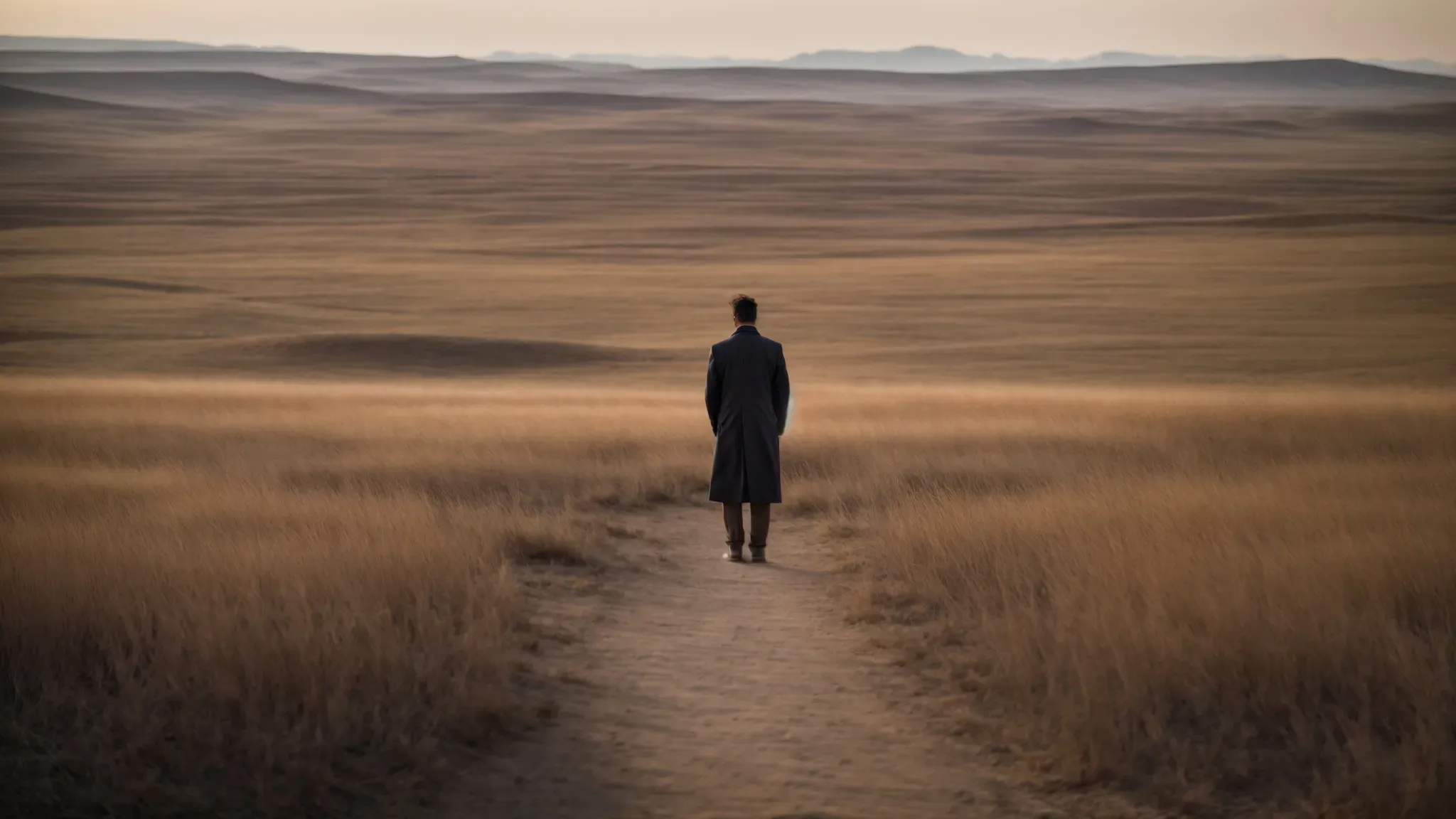 a lone figure stands before a vast, desolate landscape that stretches towards an enigmatic horizon, evoking a profound sense of introspection and existential inquiry.