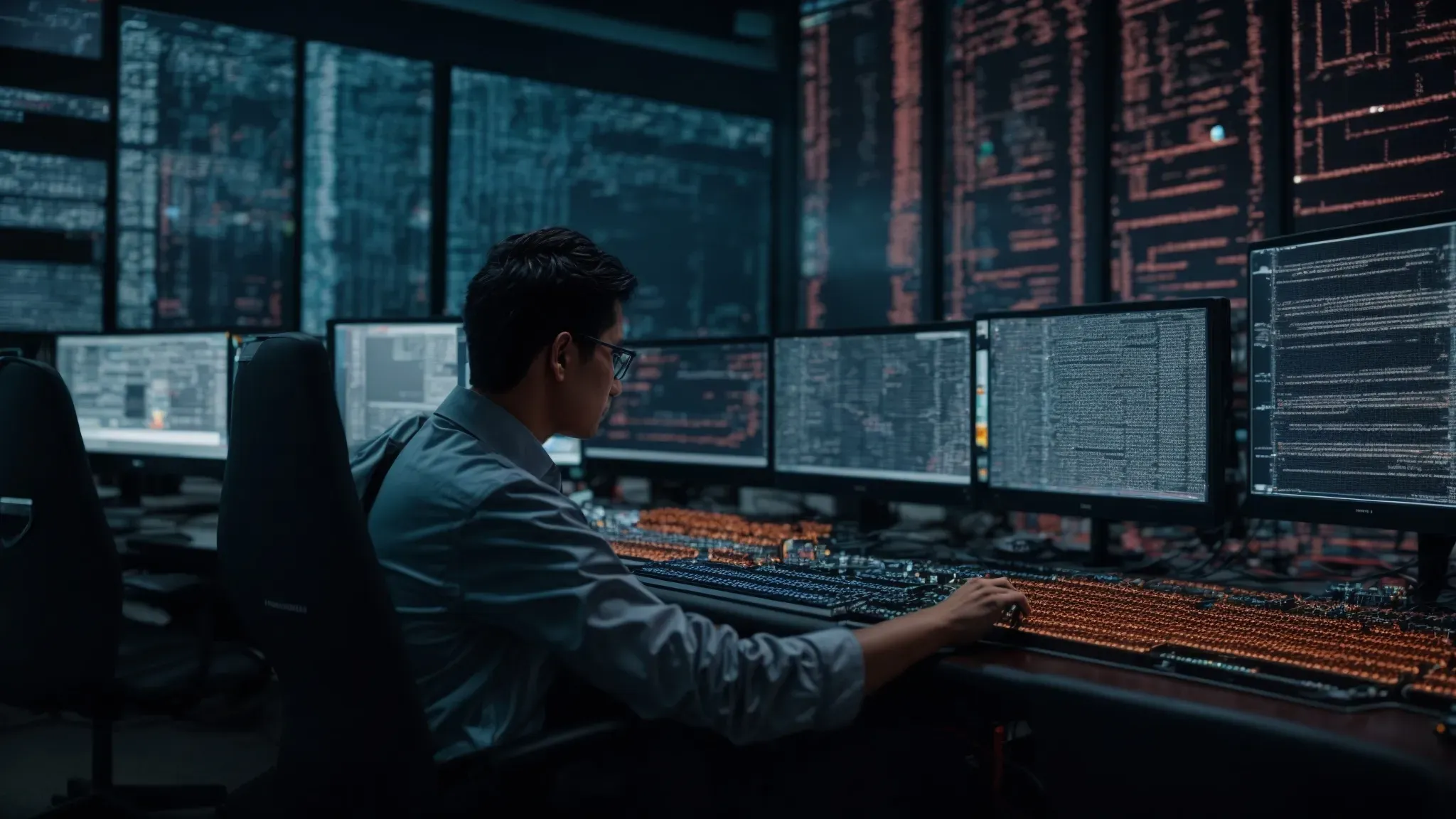 a researcher surrounded by high-performance computers puzzle over complex code on multiple screens.