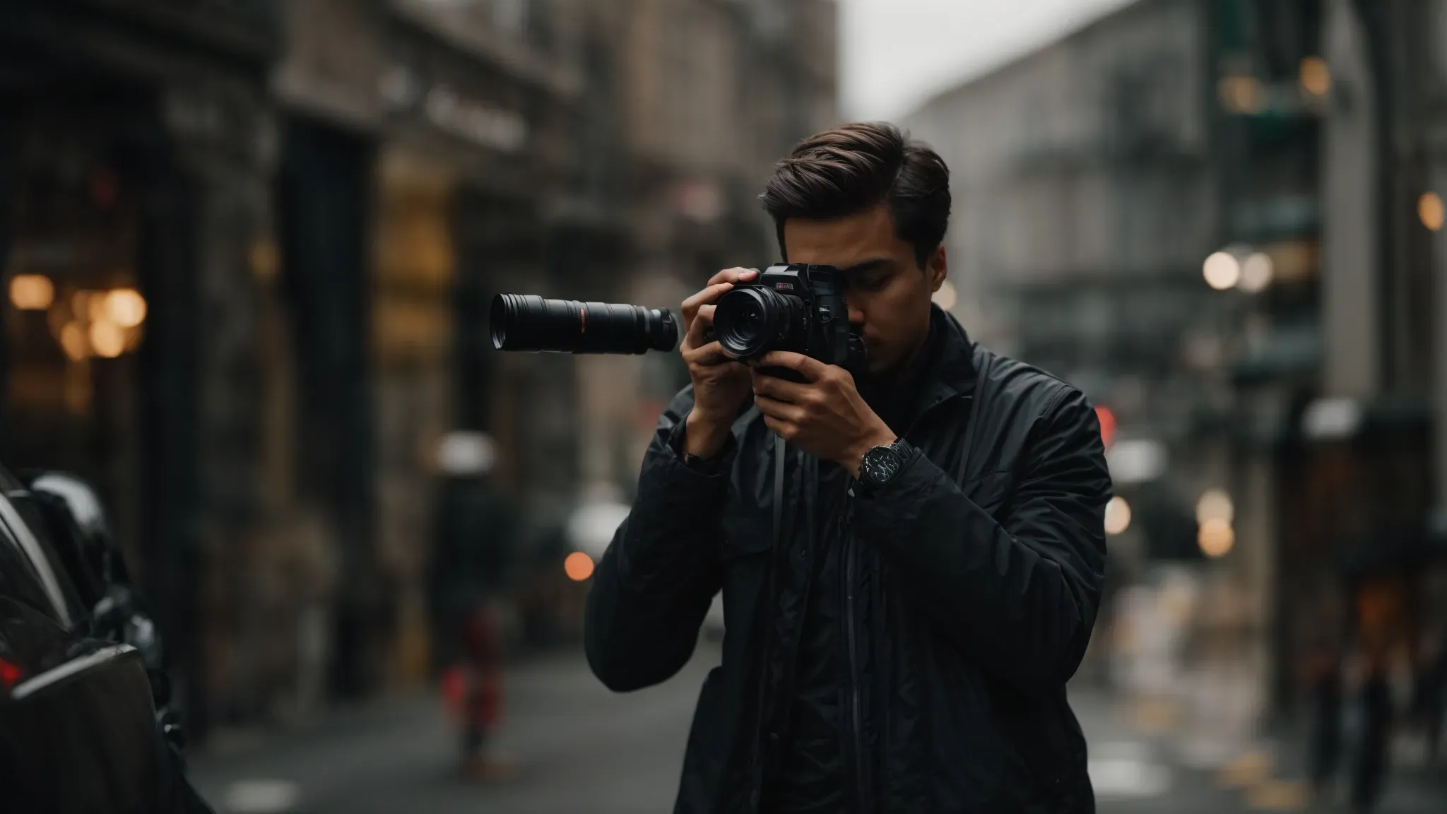 a professional holds a camera, focusing intently on capturing a dynamic film scene.