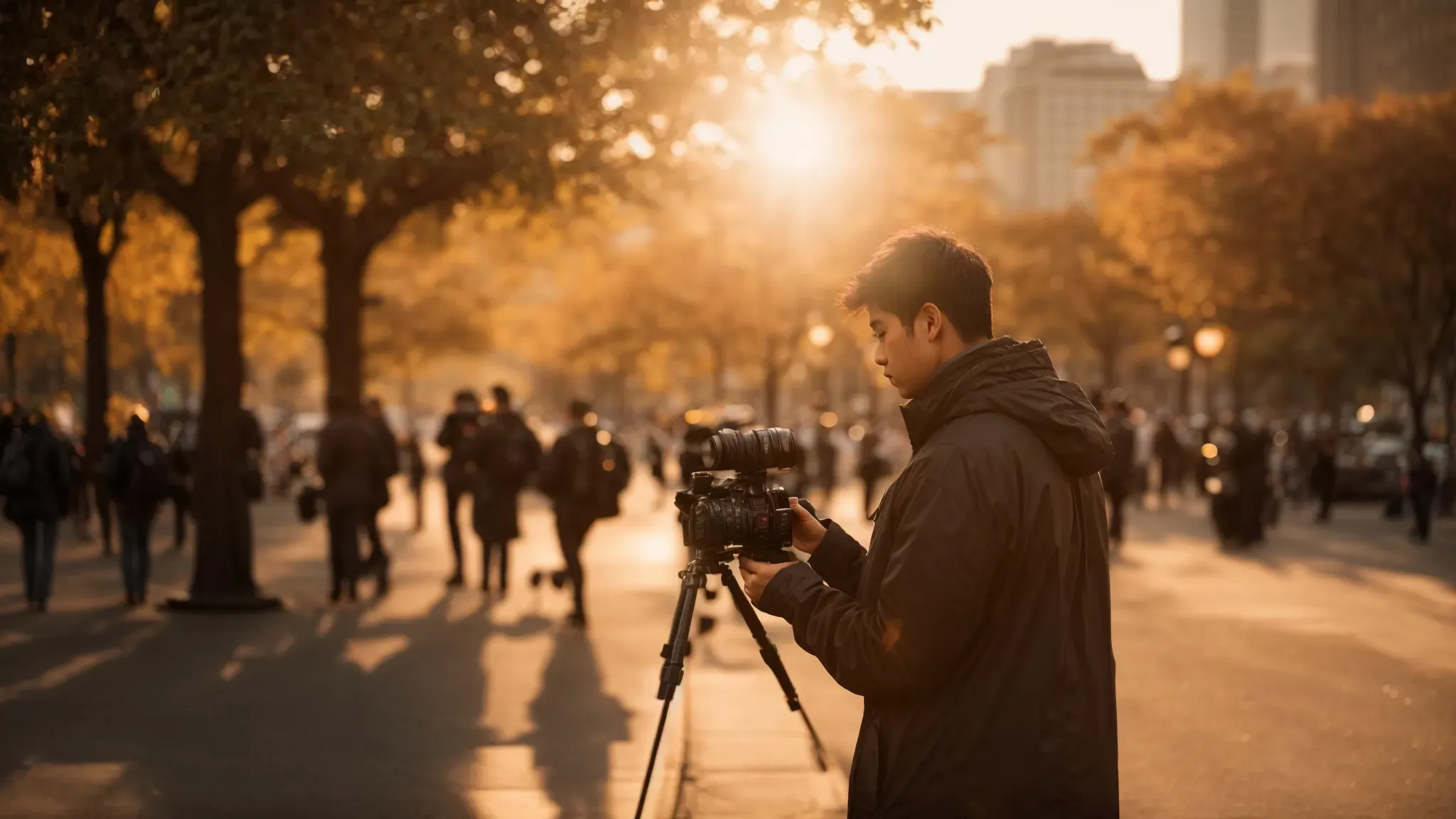 a photographer adjusts the settings on their camera as they prepare to capture a striking image at golden hour in a bustling city park, symbolizing a strategic approach to their craft and business.