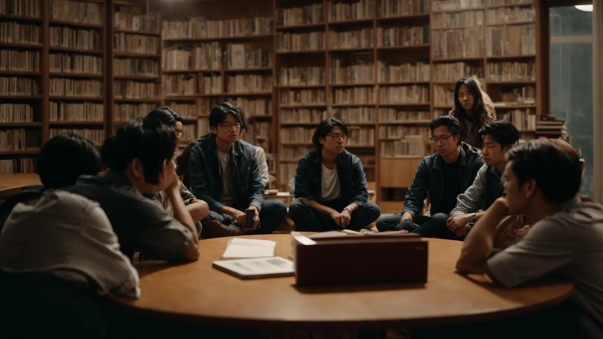 a group of people sitting in a circle, deeply engrossed in discussion, surrounded by books and a film projector in the background.