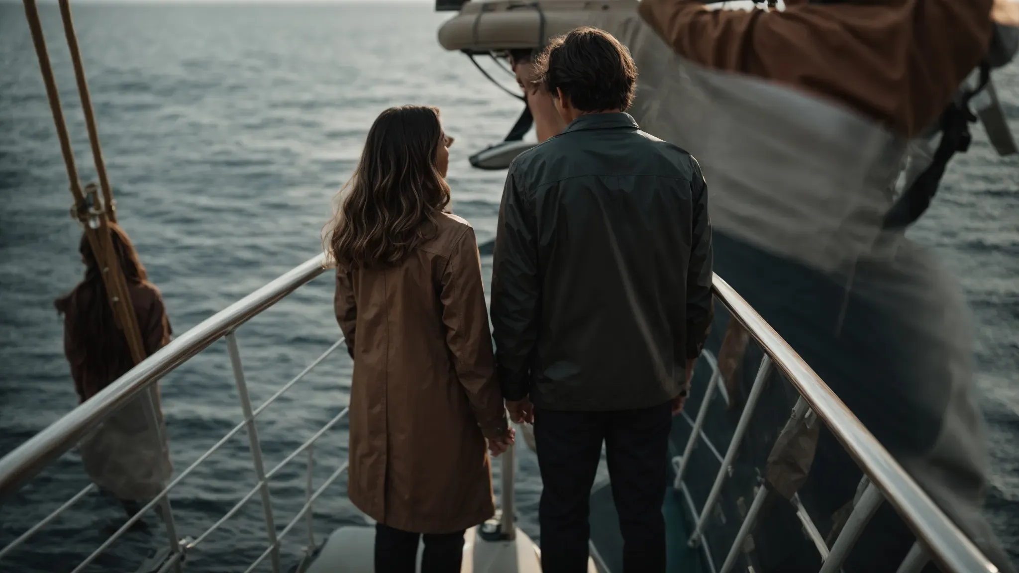 a couple stands at the bow of a ship, faces turned towards the horizon, sharing a moment of connection.