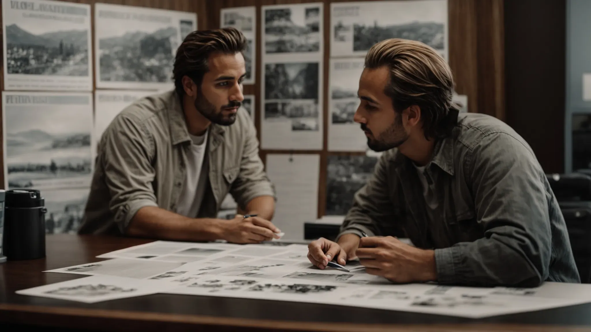 a director and producer intensely discuss over a storyboard laid out on a table, with concept art pinned on the wall behind them.