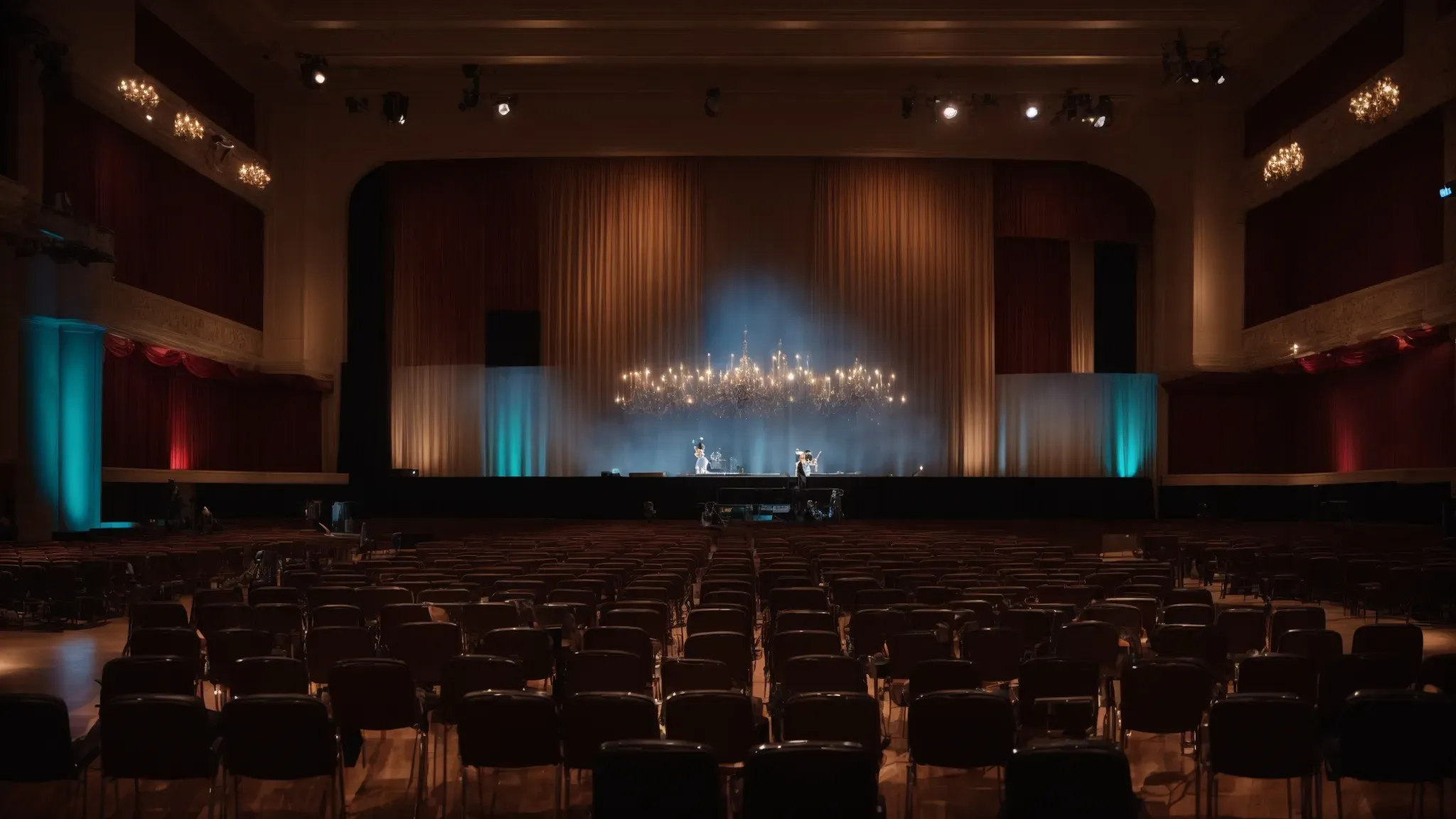 an event planner orchestrates a compelling conference setup with stage, lighting, and seating arrangements in a grand hall.