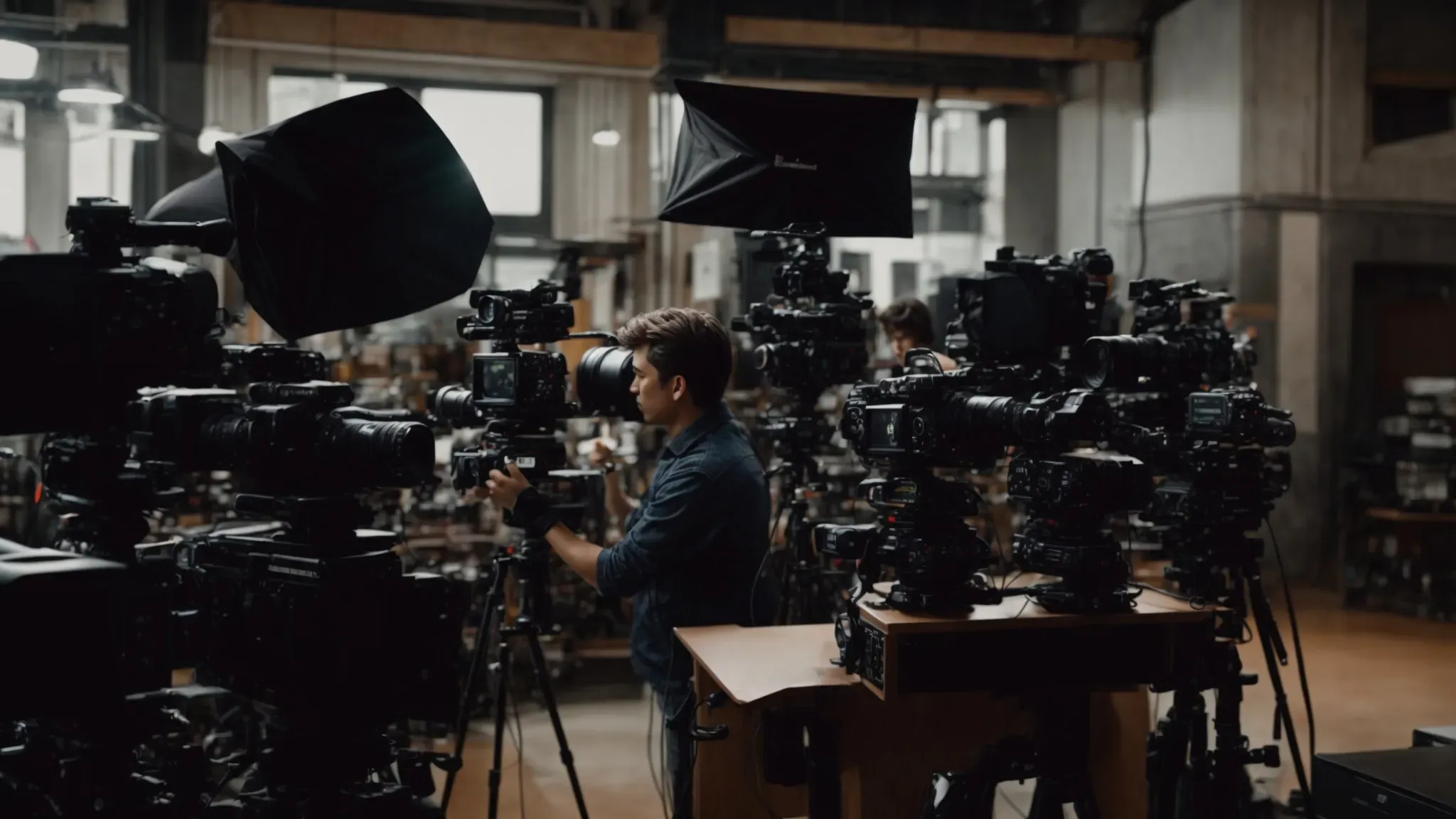 a director reviews footage on a film set, surrounded by high-end camera equipment.