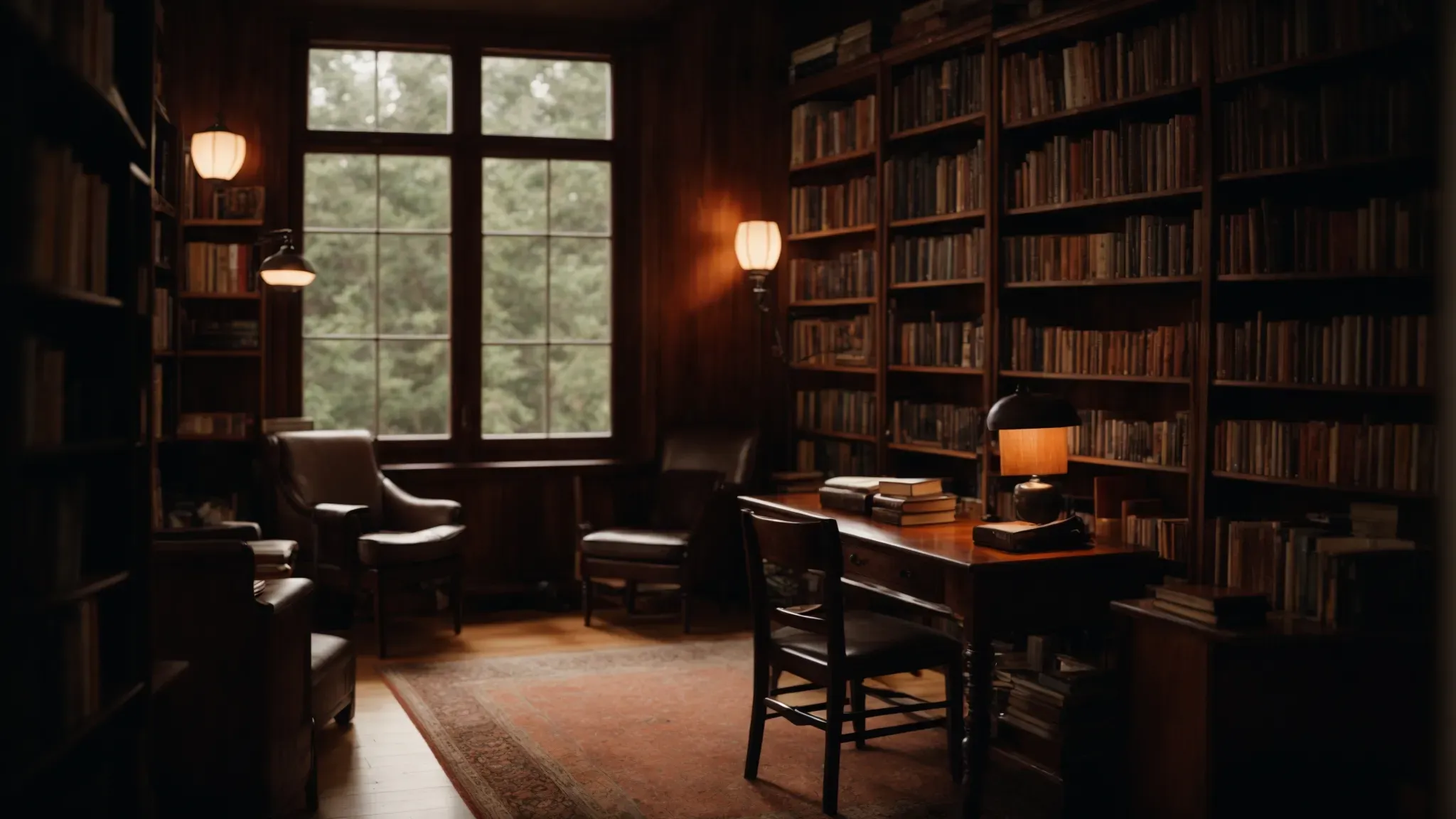 a dimly lit library with an array of books, a cozy chair by a window showing a serene view, and an open journal atop a wooden desk.