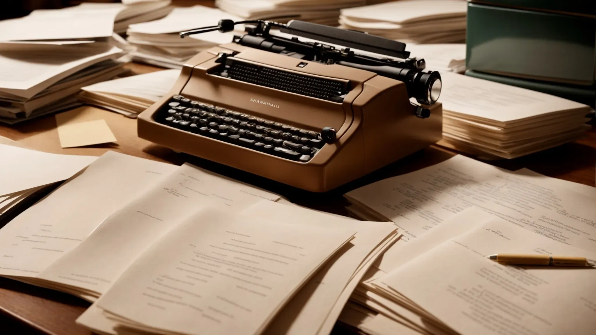 a stack of screenplay scripts sits on a filmmaker's desk amidst scattered notes and a dim desk lamp, highlighting the quiet intensity of script analysis.