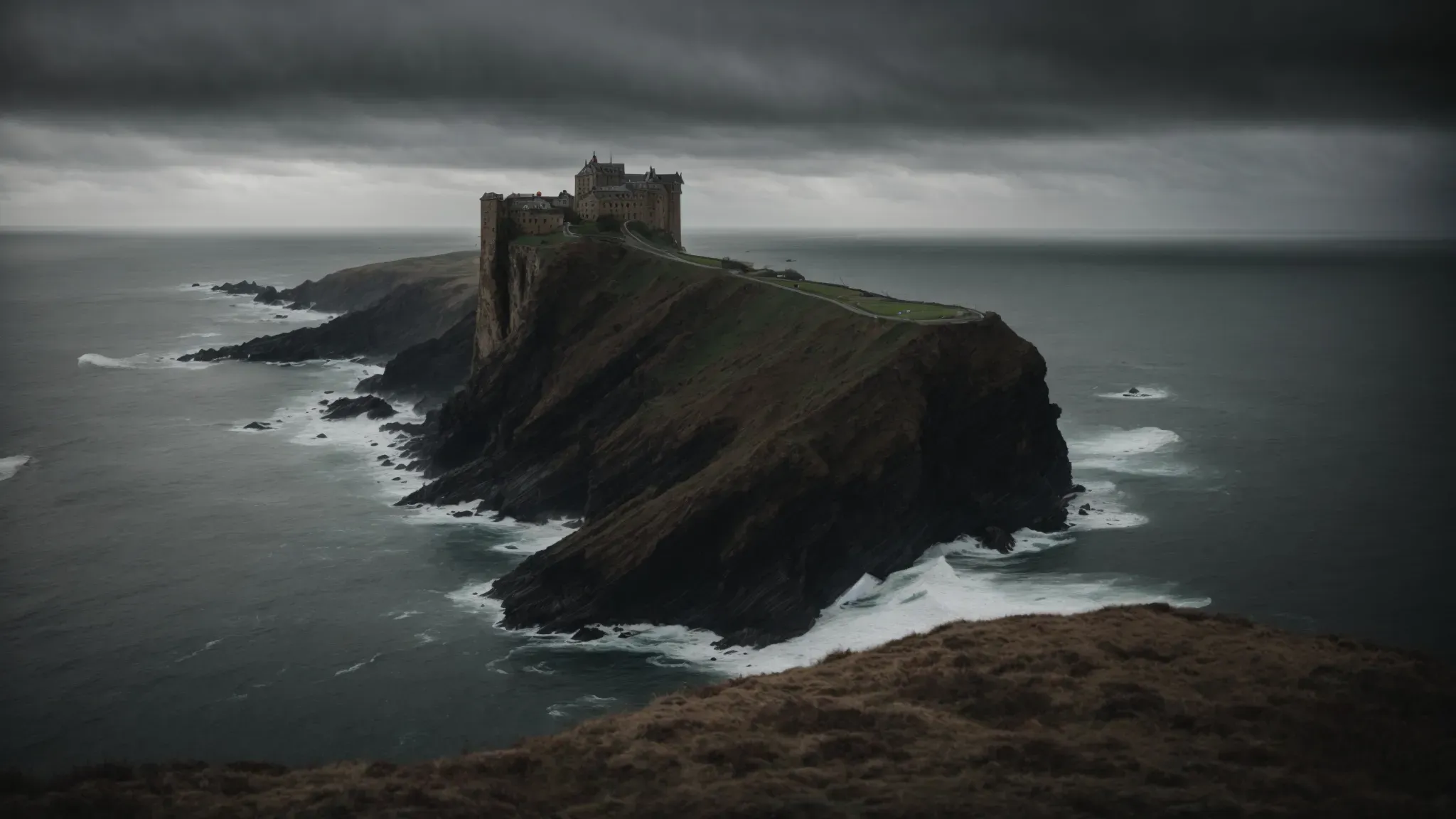 a desolate cliff overlooking a tumultuous sea under stormy skies, adjacent to the imposing structure of an isolated gothic psychiatric hospital.