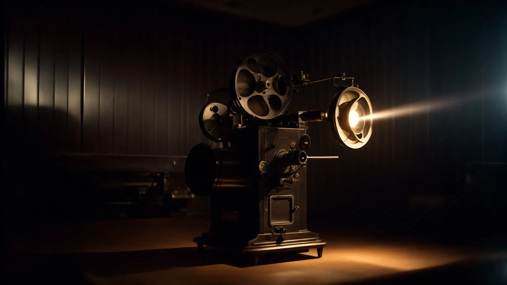 an antique film projector illuminates a dark room, casting the light of a classic movie onto a plain, simple screen.